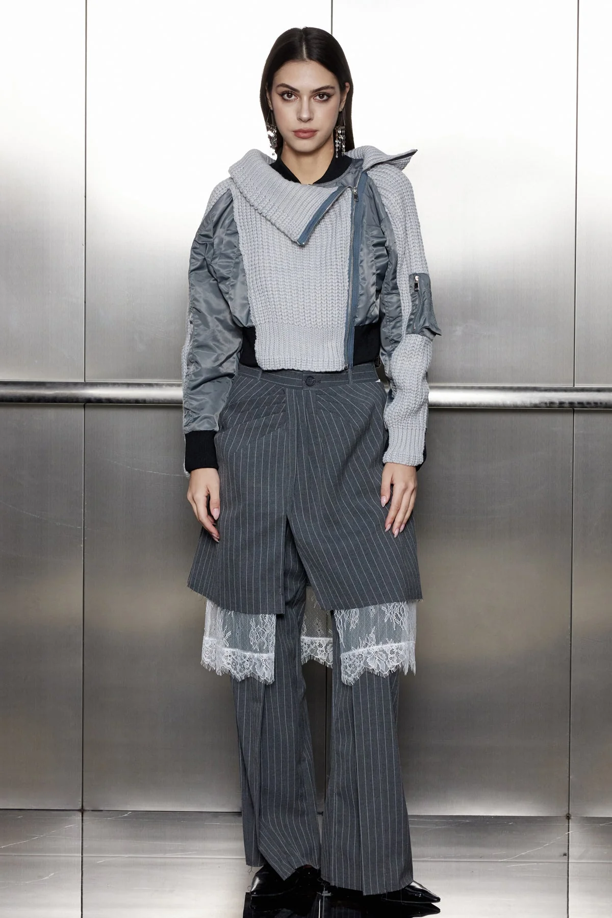 Grey Patchwork Knit Jacket - Fashionable Fall Outerwear