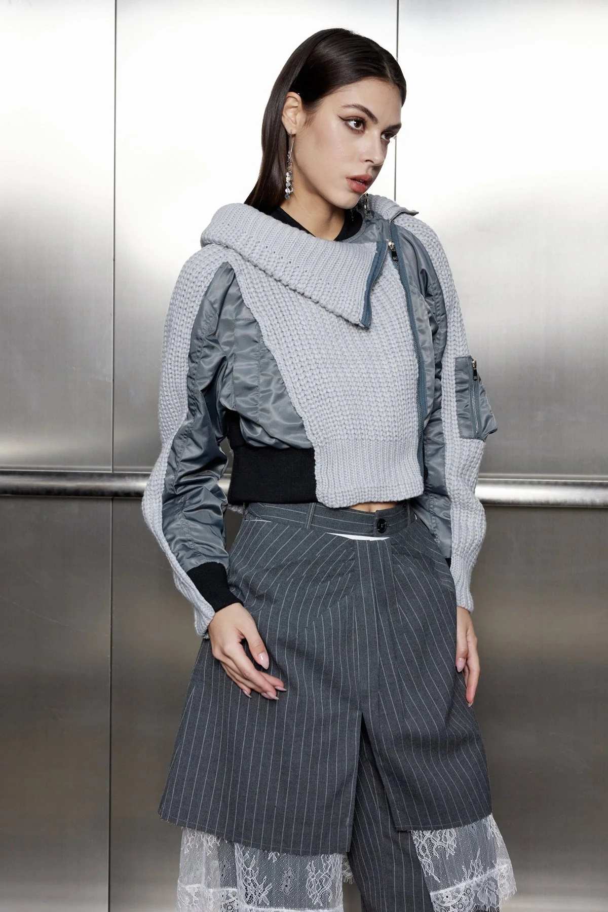 Grey Patchwork Knit Jacket - Fashionable Fall Outerwear