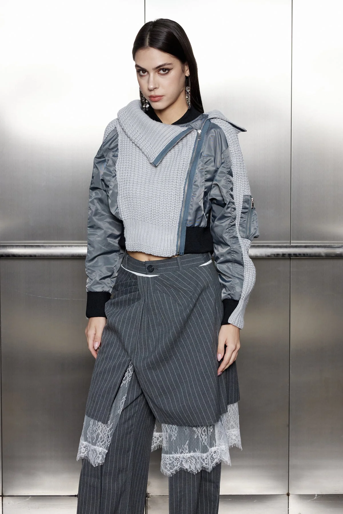 Grey Patchwork Knit Jacket - Fashionable Fall Outerwear