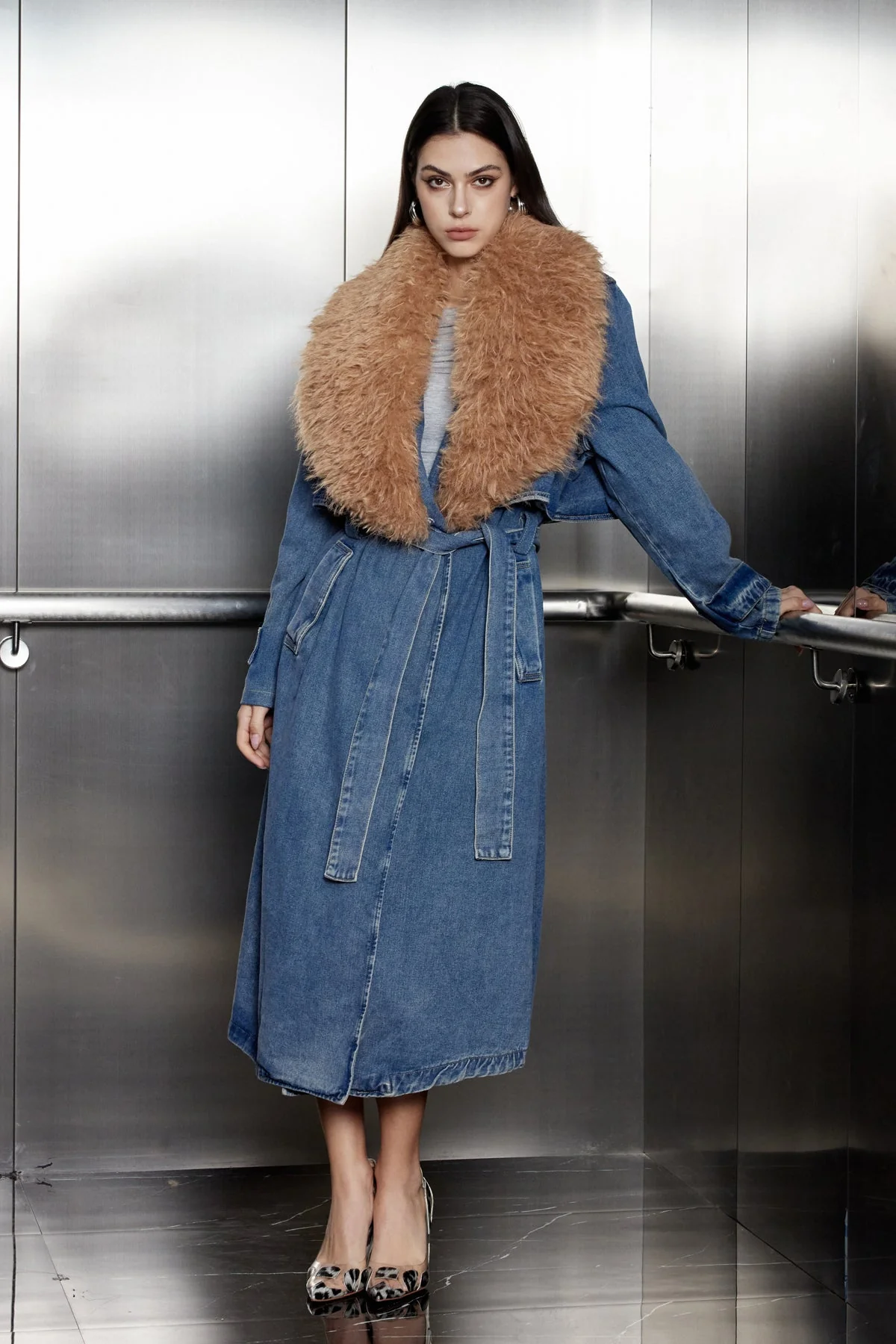 Sleek Lace-Up Denim Coat with Fur Collar