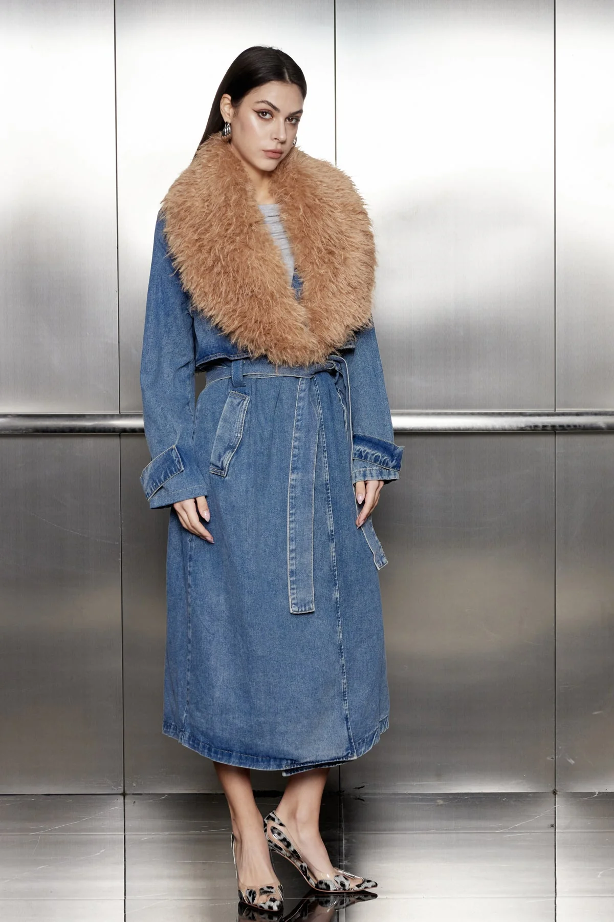 Sleek Lace-Up Denim Coat with Fur Collar