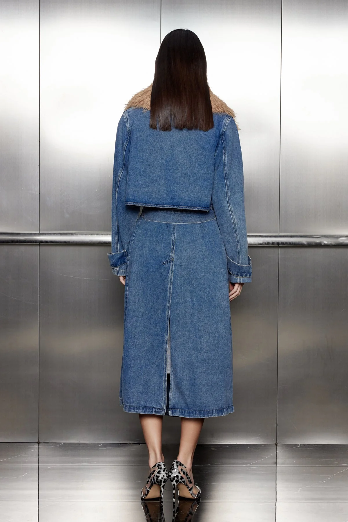 Sleek Lace-Up Denim Coat with Fur Collar