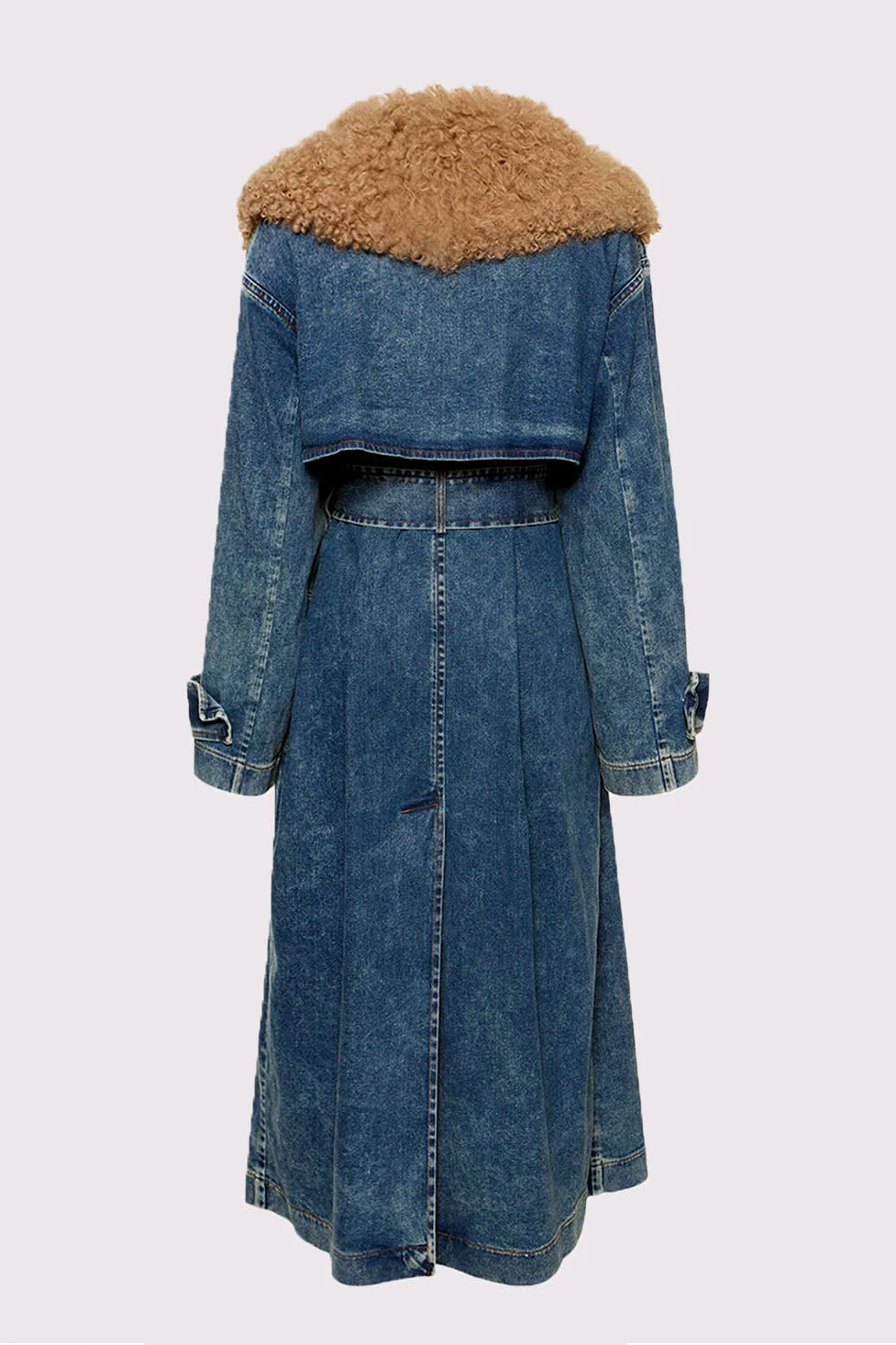 Sleek Lace-Up Denim Coat with Fur Collar