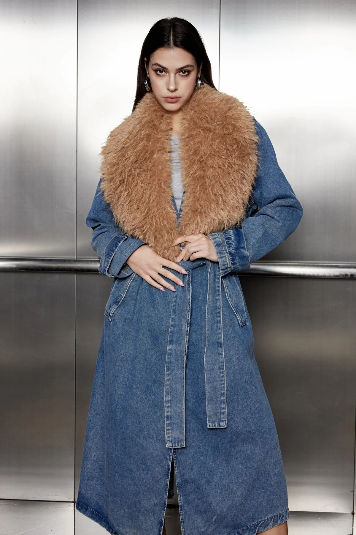 Sleek Lace-Up Denim Coat with Fur Collar