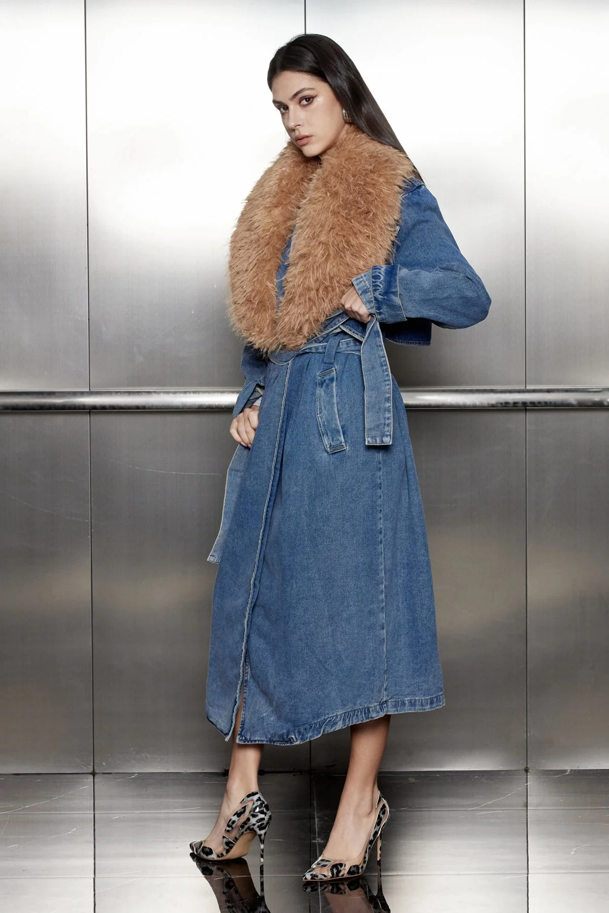 Sleek Lace-Up Denim Coat with Fur Collar
