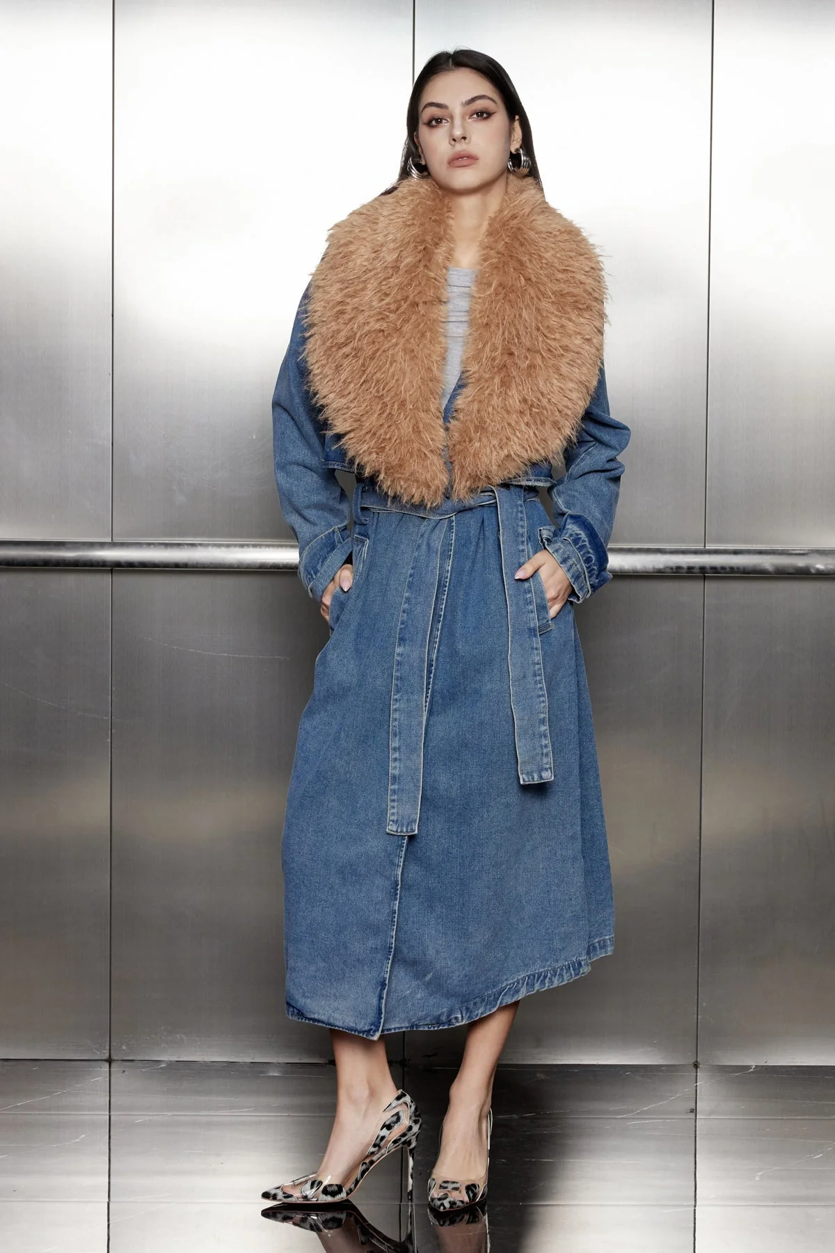 Sleek Lace-Up Denim Coat with Fur Collar