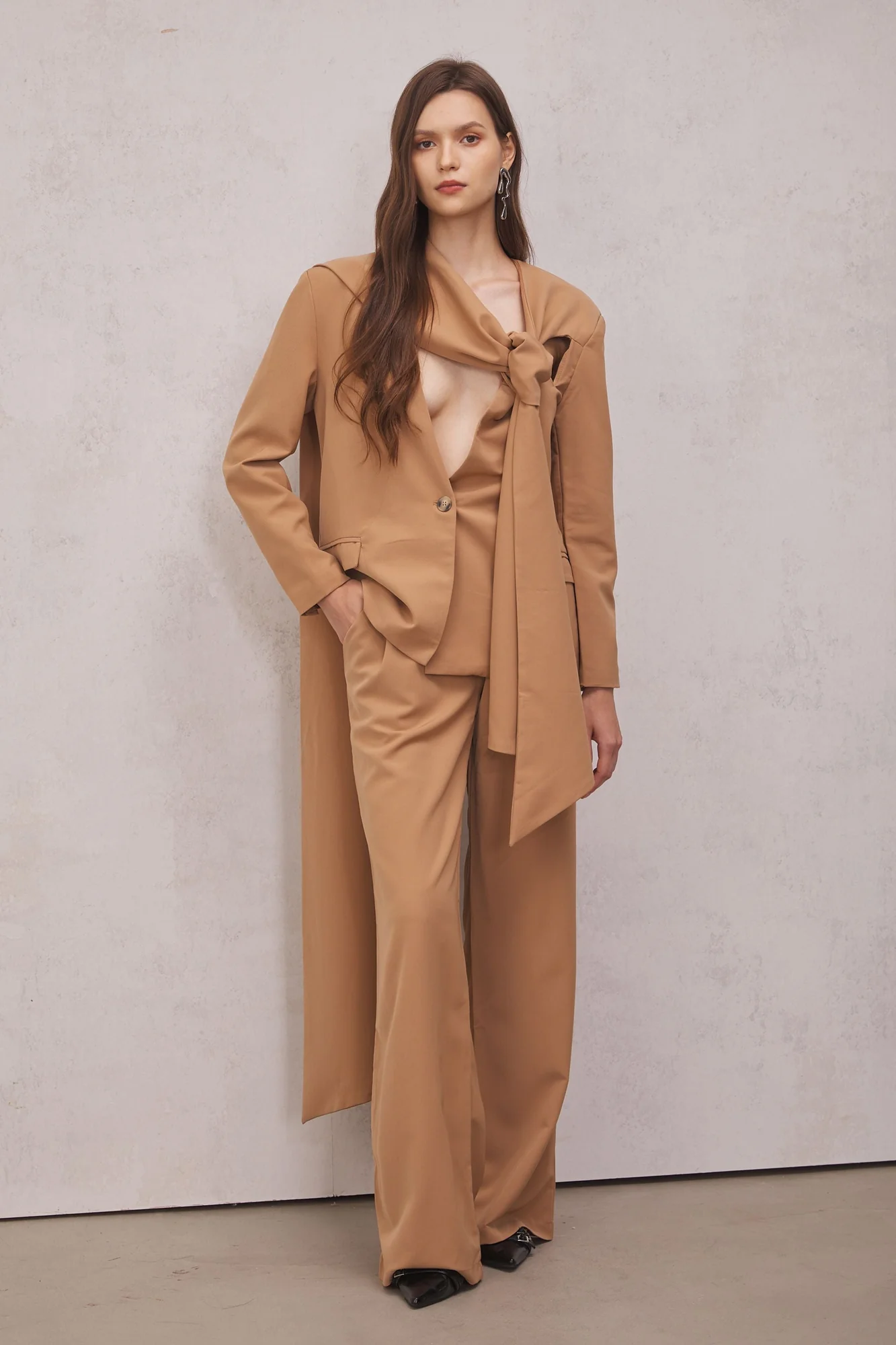 Brown Cutout Blazer and Pants Set for Women