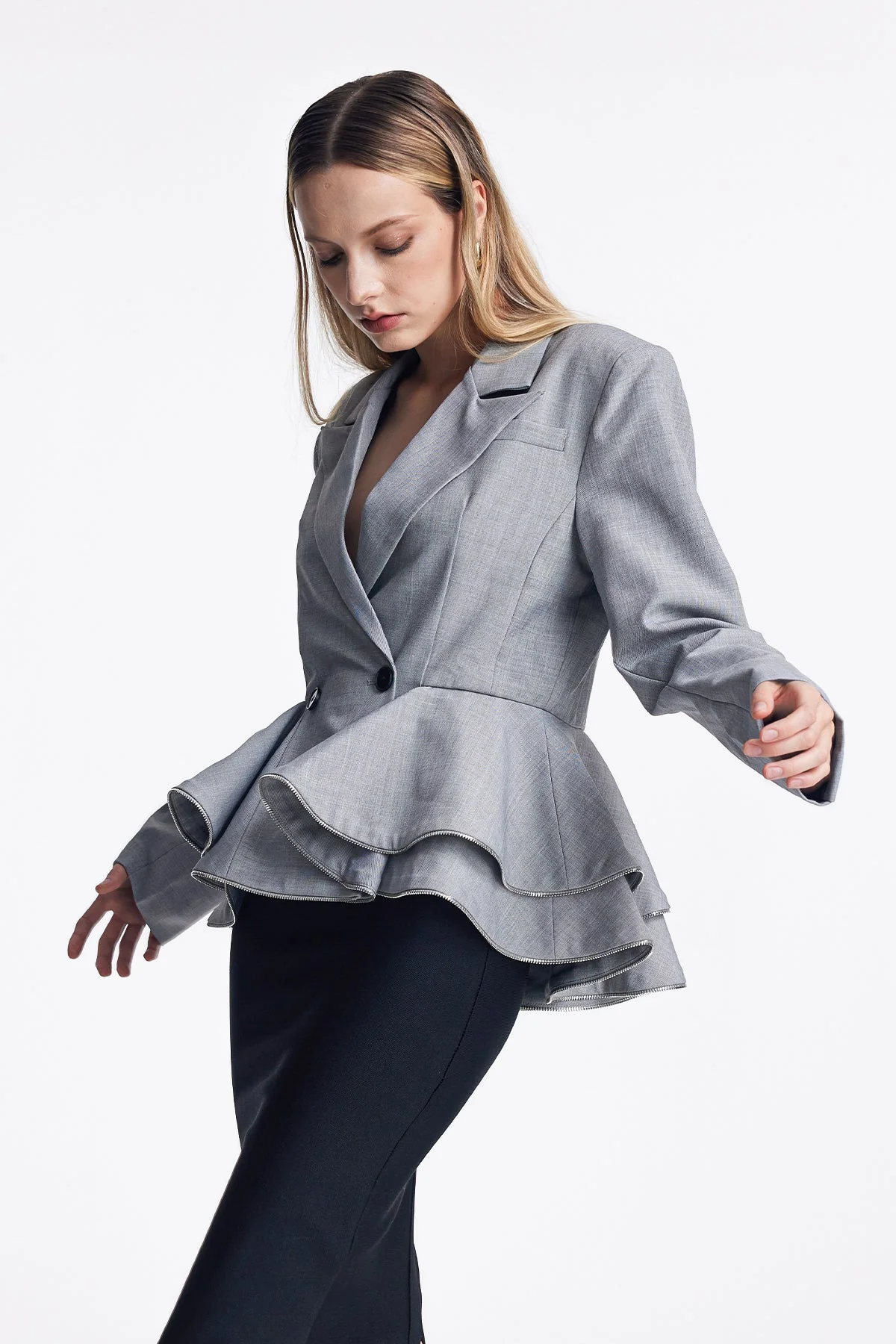 Elegant Sage Peplum Ruffle Blazer in Grey
