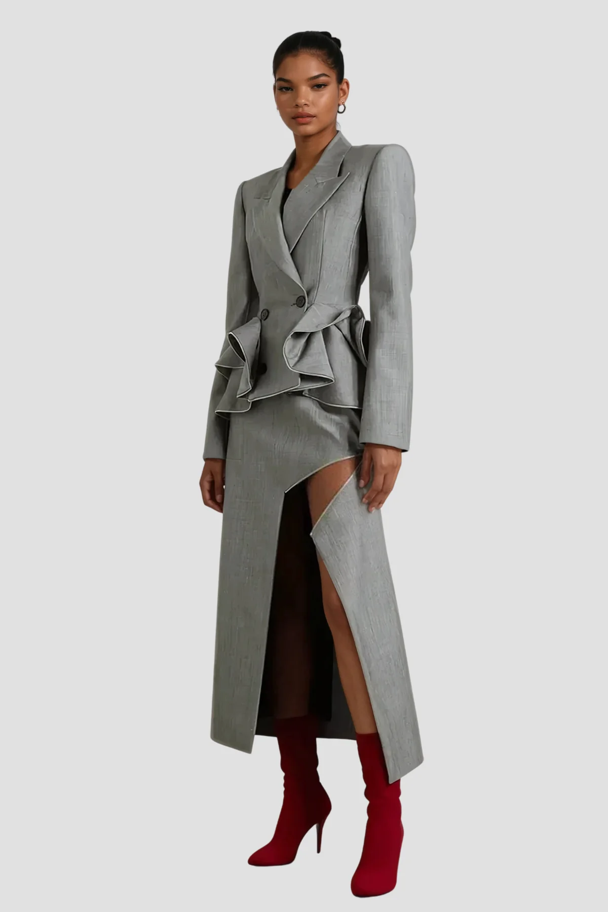 Elegant Sage Peplum Ruffle Blazer in Grey
