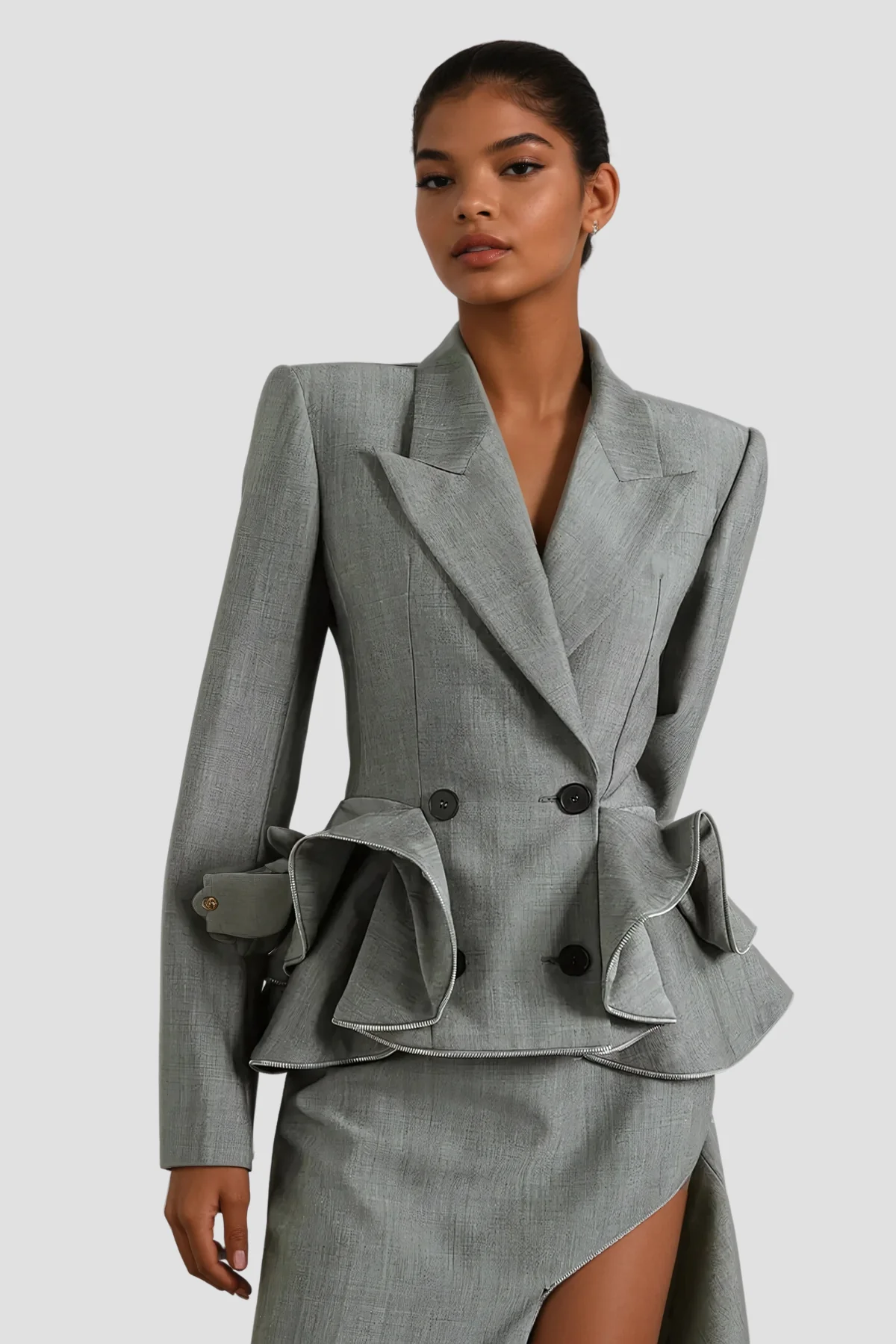 Elegant Sage Peplum Ruffle Blazer in Grey