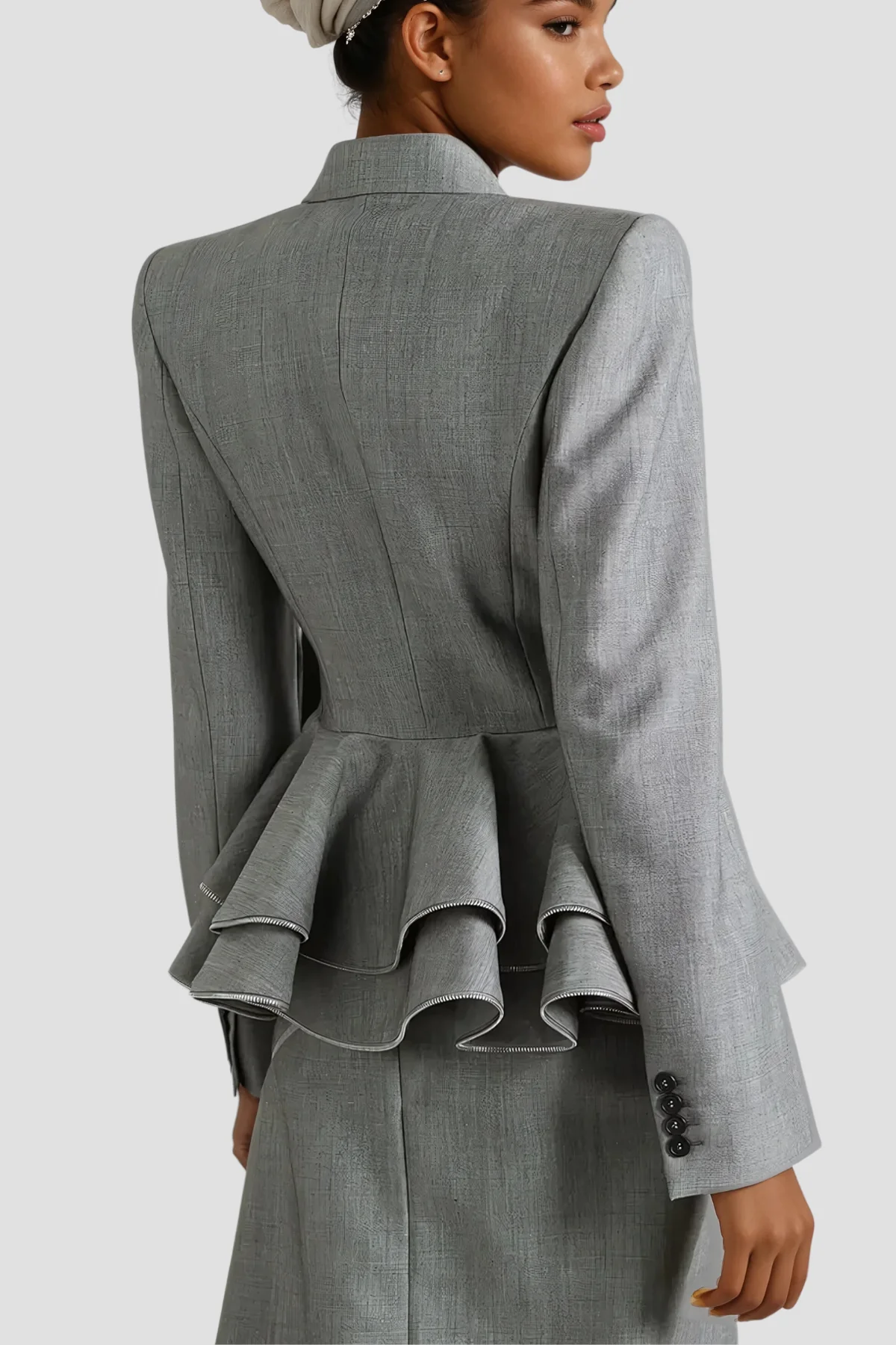 Elegant Sage Peplum Ruffle Blazer in Grey