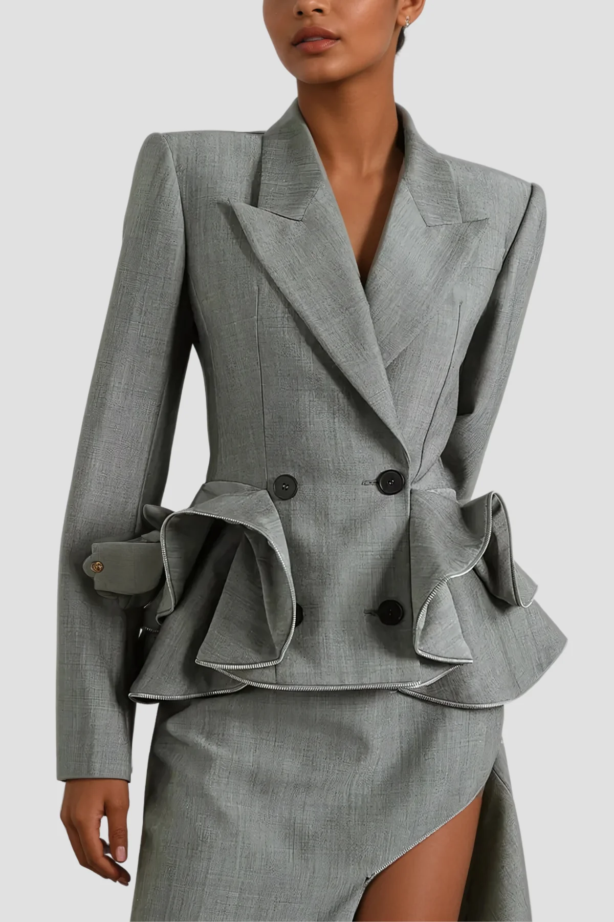 Elegant Sage Peplum Ruffle Blazer in Grey