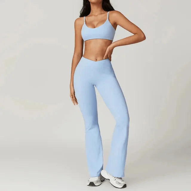 Flared Gym Shirt Set - Leggings with Bra