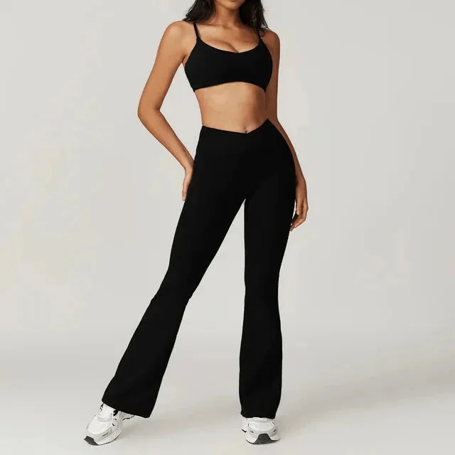 Flared Gym Shirt Set - Leggings with Bra