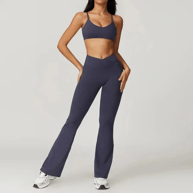 Flared Gym Shirt Set - Leggings with Bra