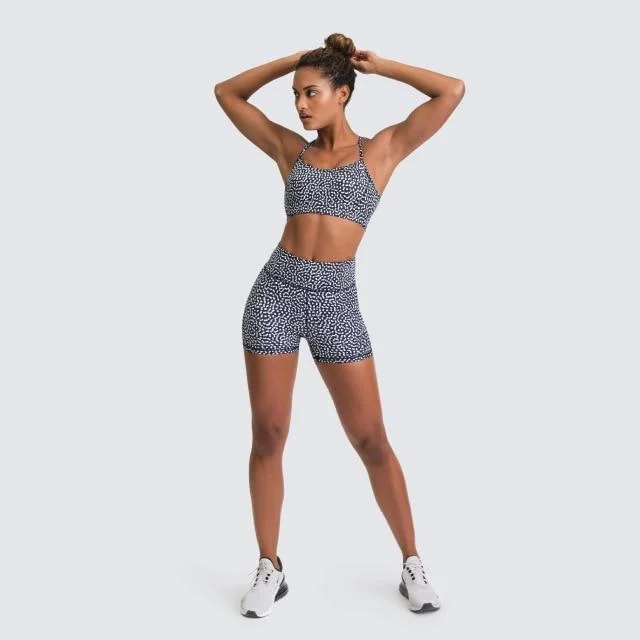 Speckle Gym Black White Set Bra Top Shorts Women