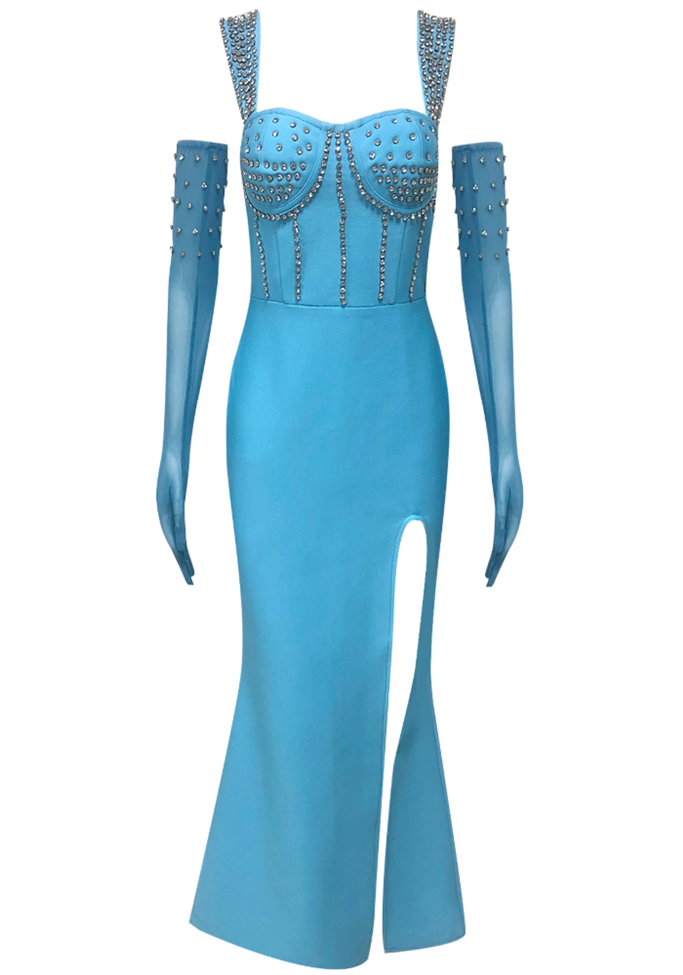 Blue Rhinestone Embellished Maxi Dress - Sleeveless V-Neck Design