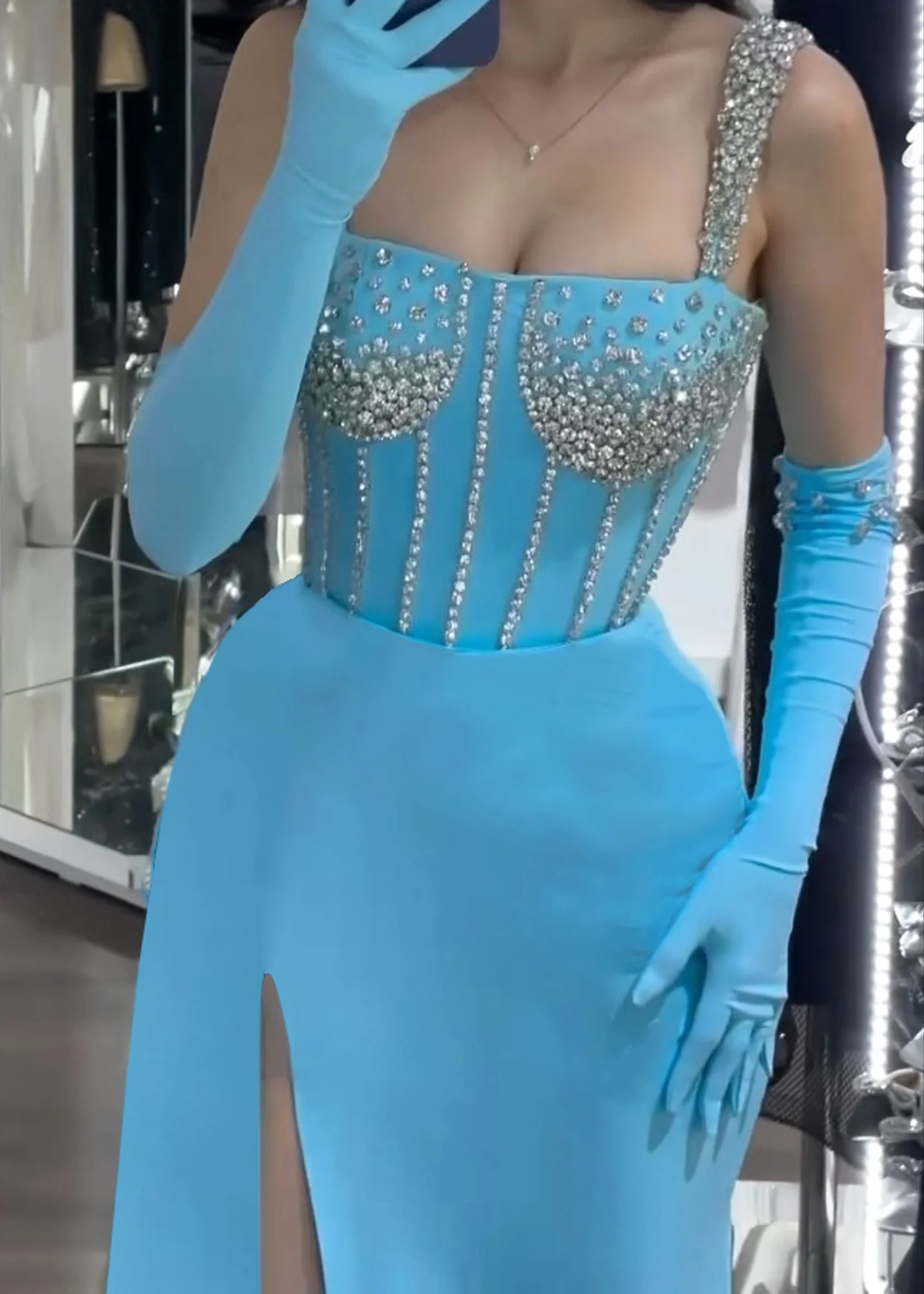 Blue Rhinestone Embellished Maxi Dress - Sleeveless V-Neck Design