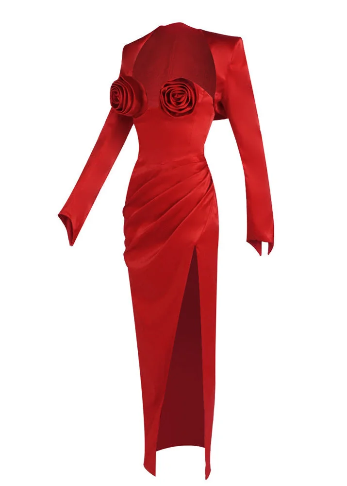 Red Floral Maxi Two-Piece Dress with Long Sleeves