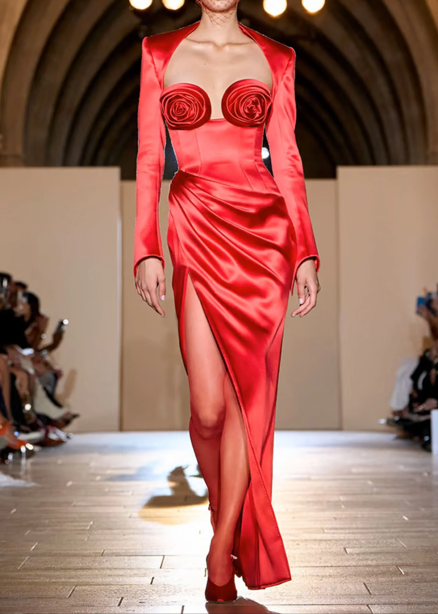 Red Floral Maxi Two-Piece Dress with Long Sleeves