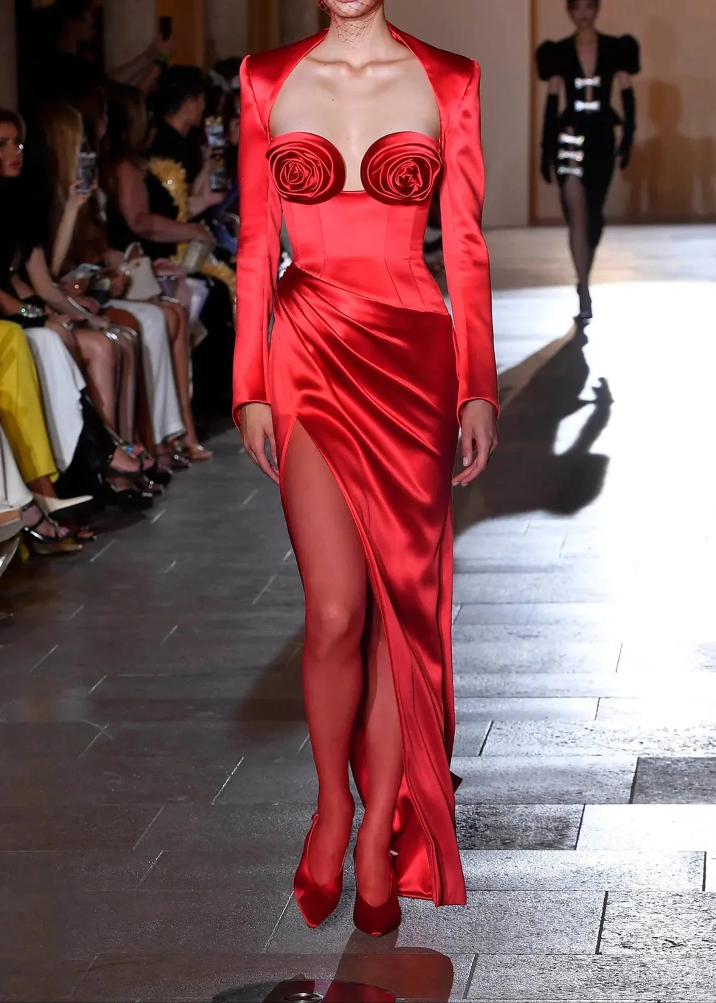 Red Floral Maxi Two-Piece Dress with Long Sleeves