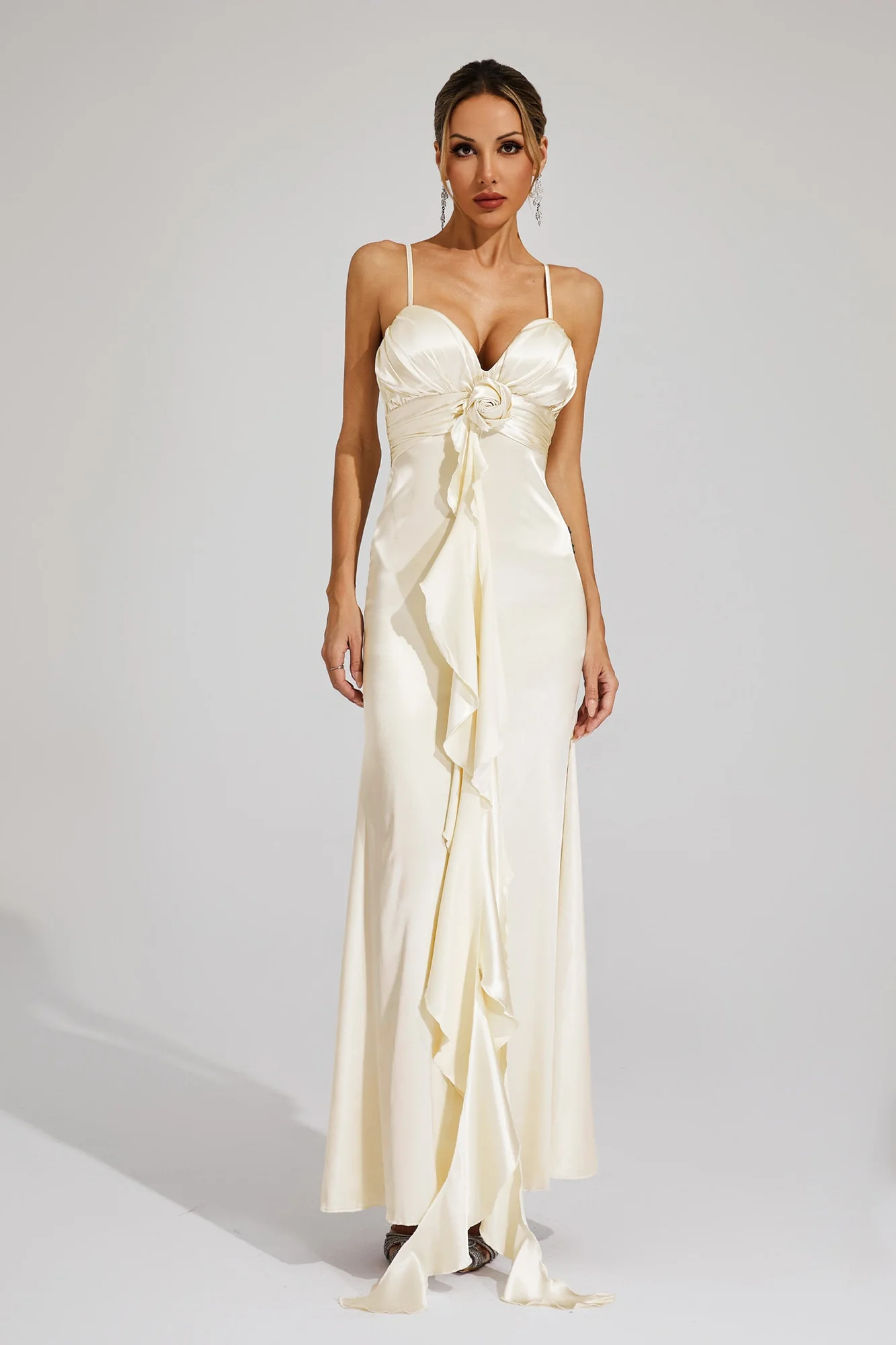 Champagne Slip Maxi Dress - Elegant V-Neck Flowing Silhouette