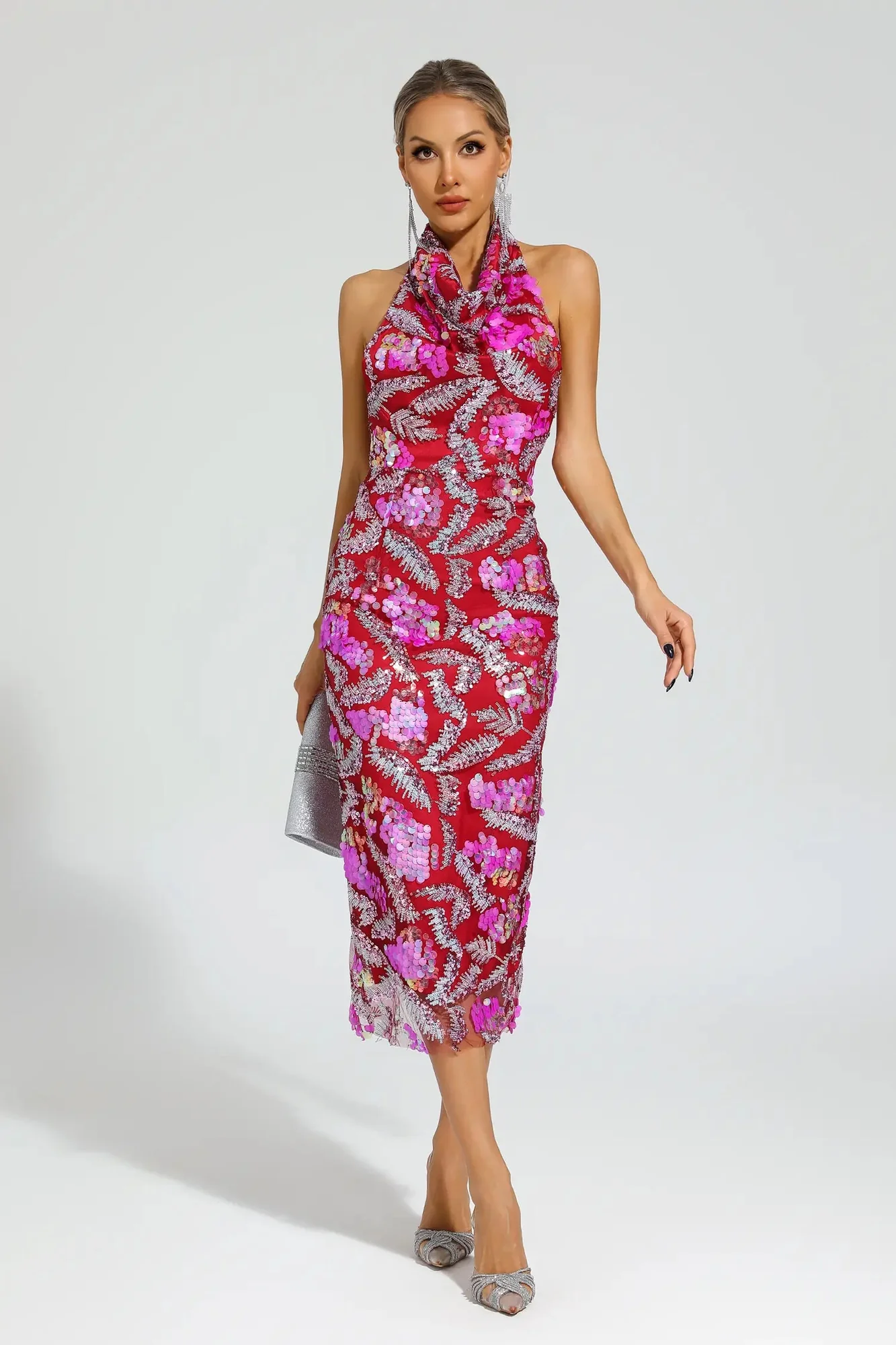 Rose Red Sequin Halter Evening Dress - Glamorous Sleeveless Design