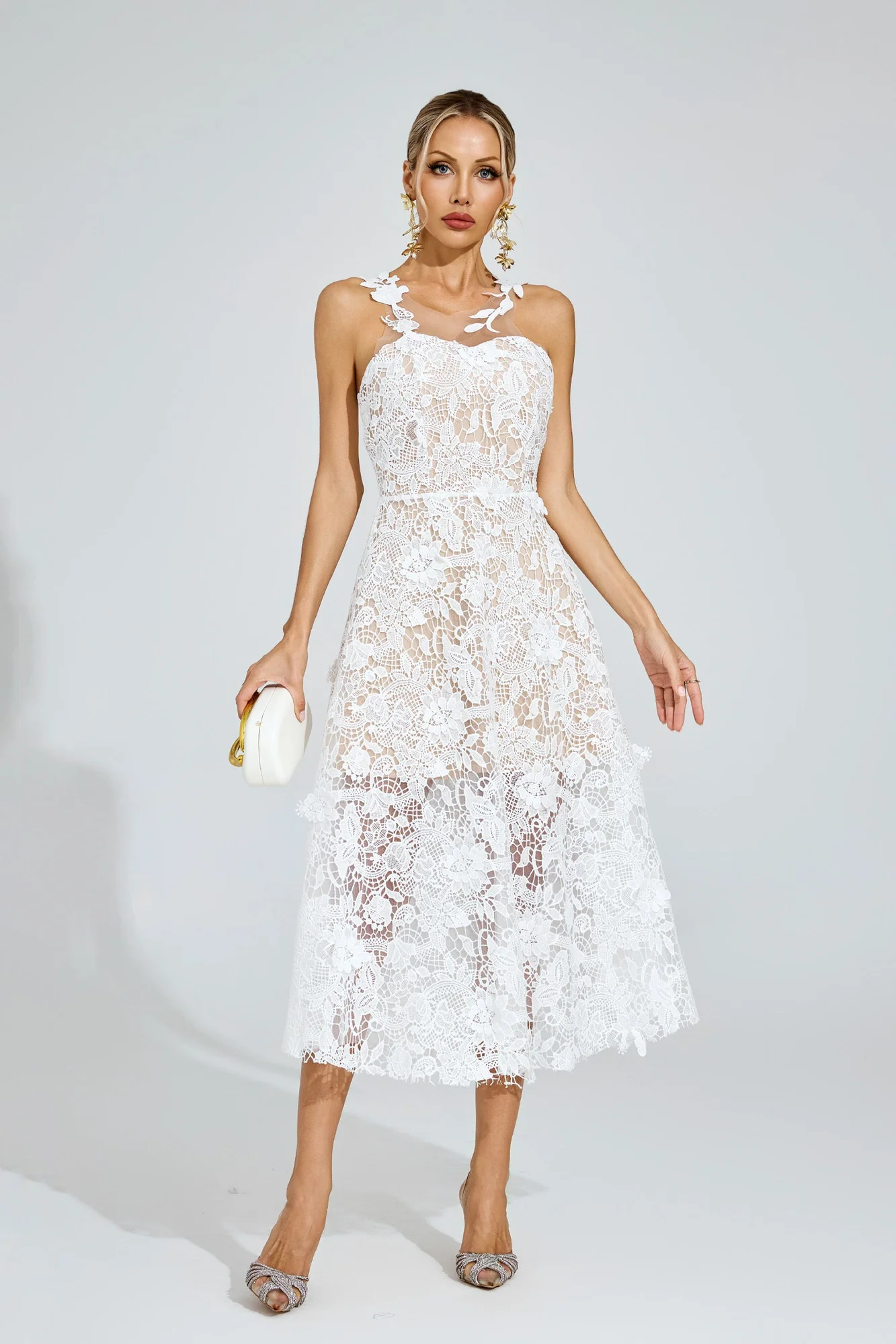 Ethereal White Lace Midi Dress - Romantic Vintage Style