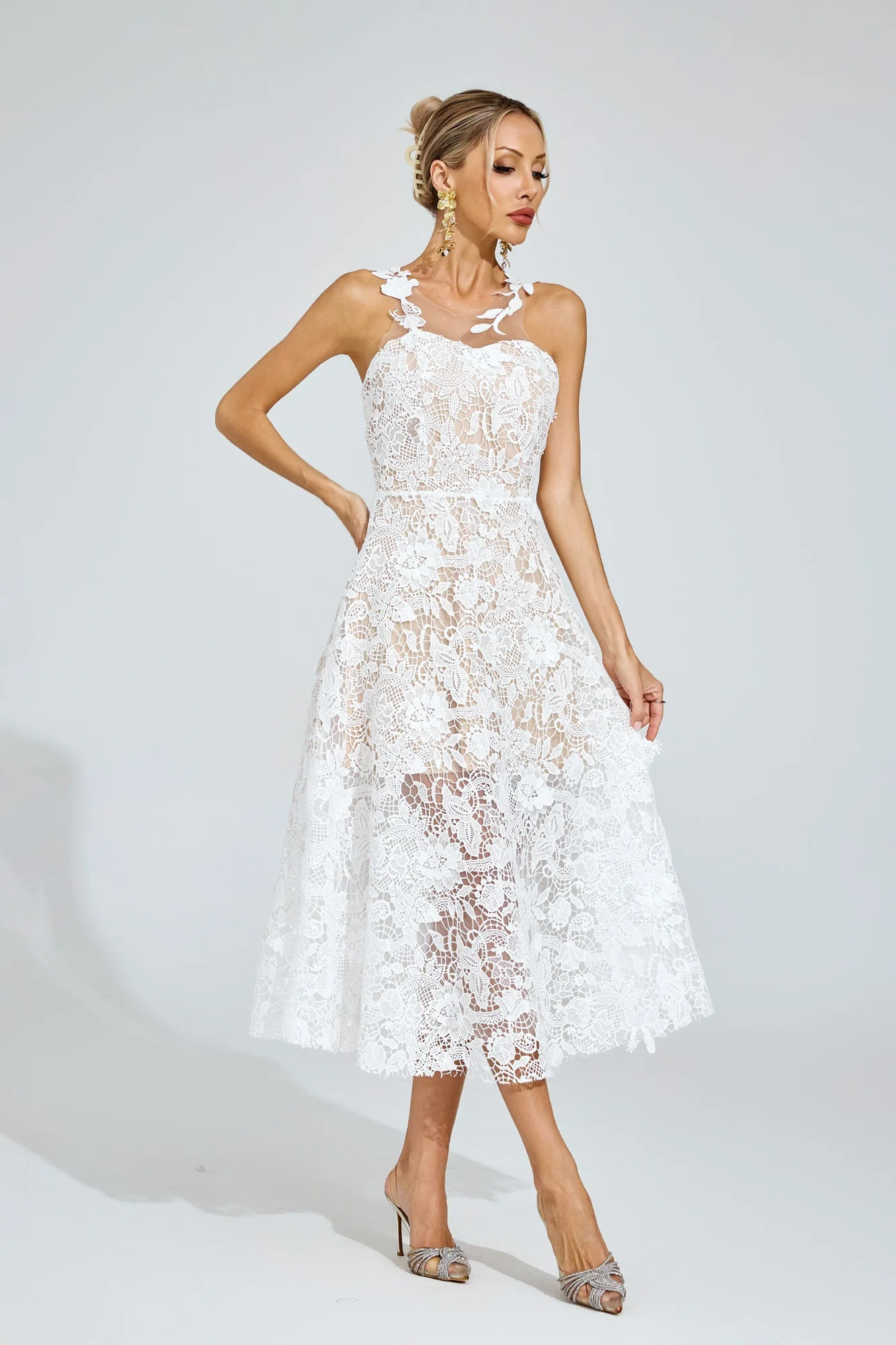 Ethereal White Lace Midi Dress - Romantic Vintage Style