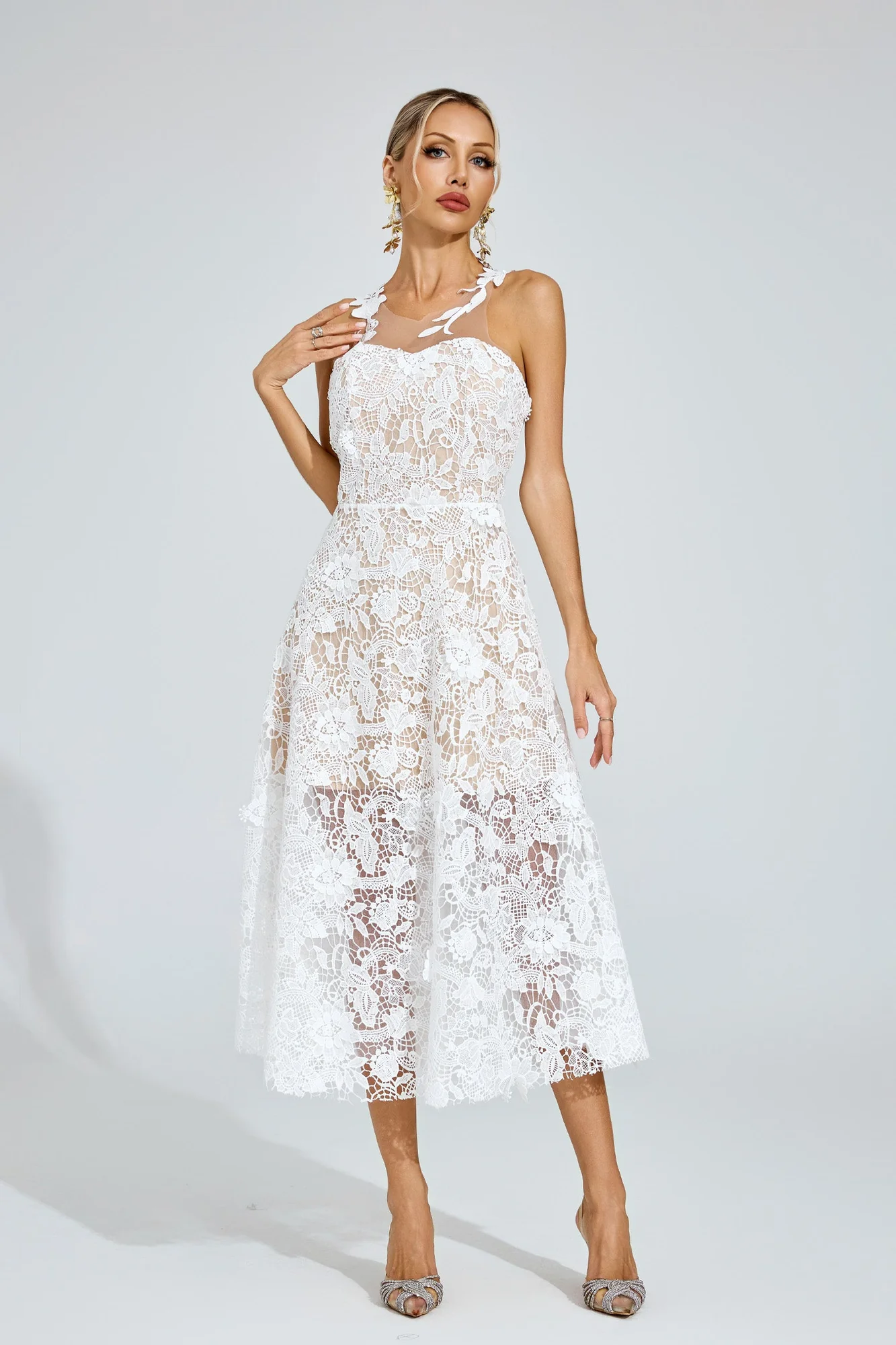 Ethereal White Lace Midi Dress - Romantic Vintage Style