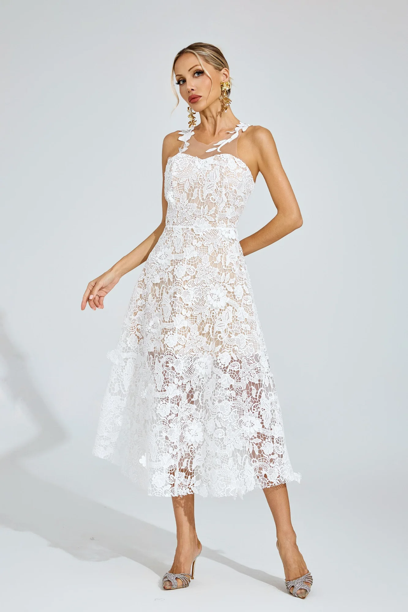 Ethereal White Lace Midi Dress - Romantic Vintage Style