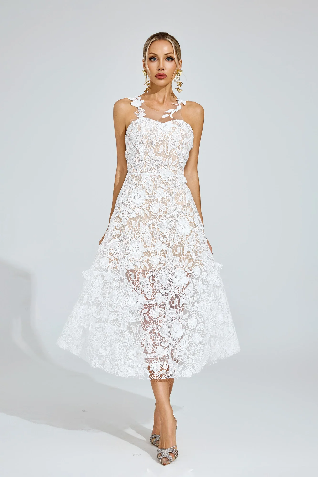 Ethereal White Lace Midi Dress - Romantic Vintage Style