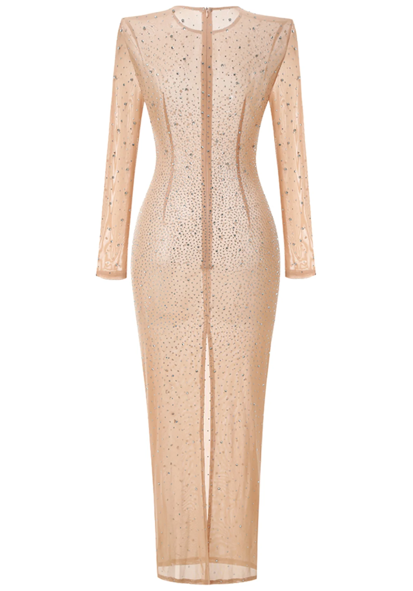 Nude Crystal Mesh Maxi Dress with Long Sleeves