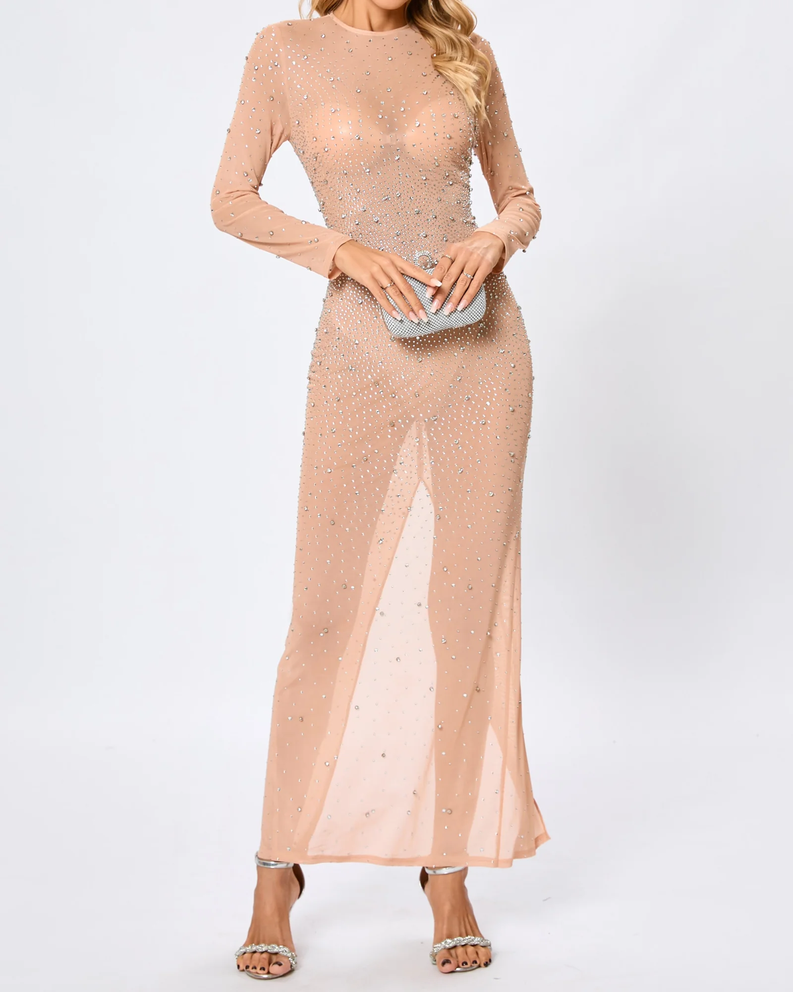 Nude Crystal Mesh Maxi Dress with Long Sleeves