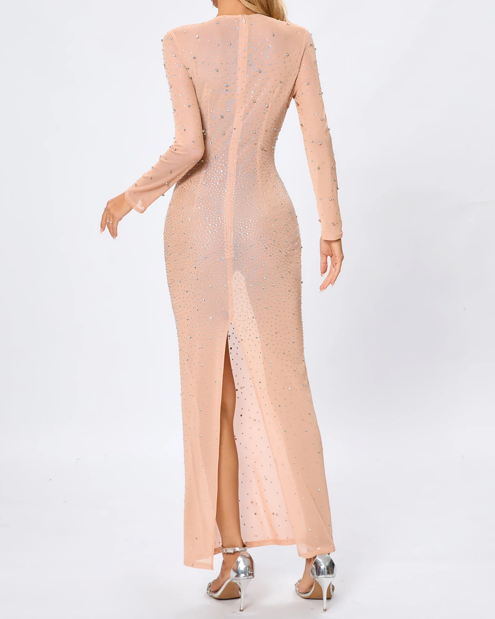 Nude Crystal Mesh Maxi Dress with Long Sleeves