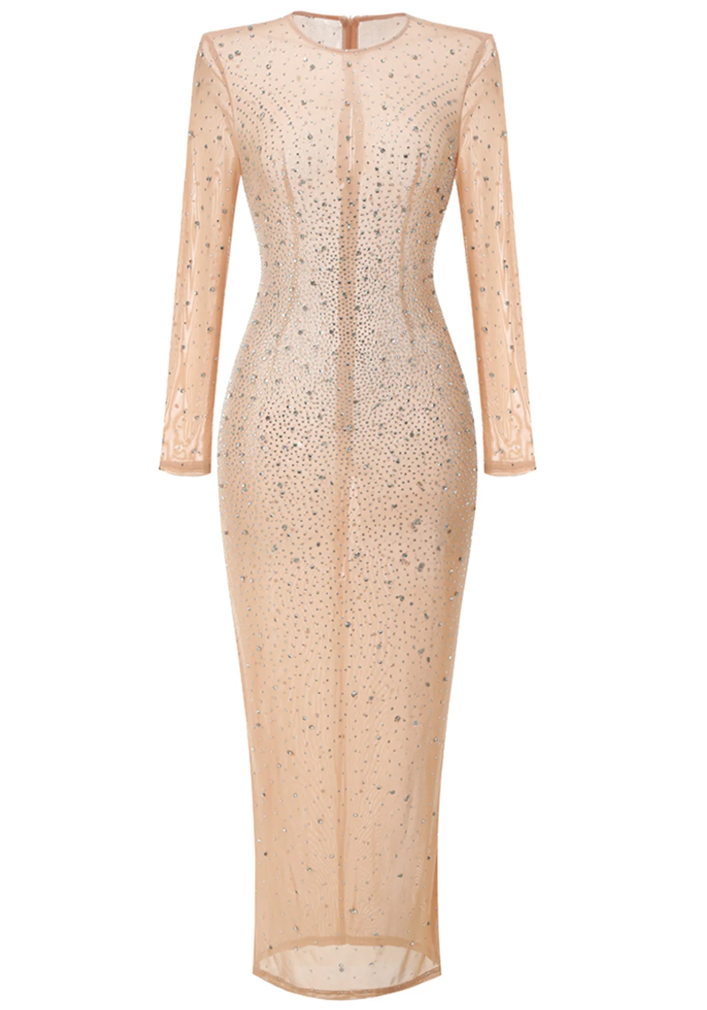 Nude Crystal Mesh Maxi Dress with Long Sleeves