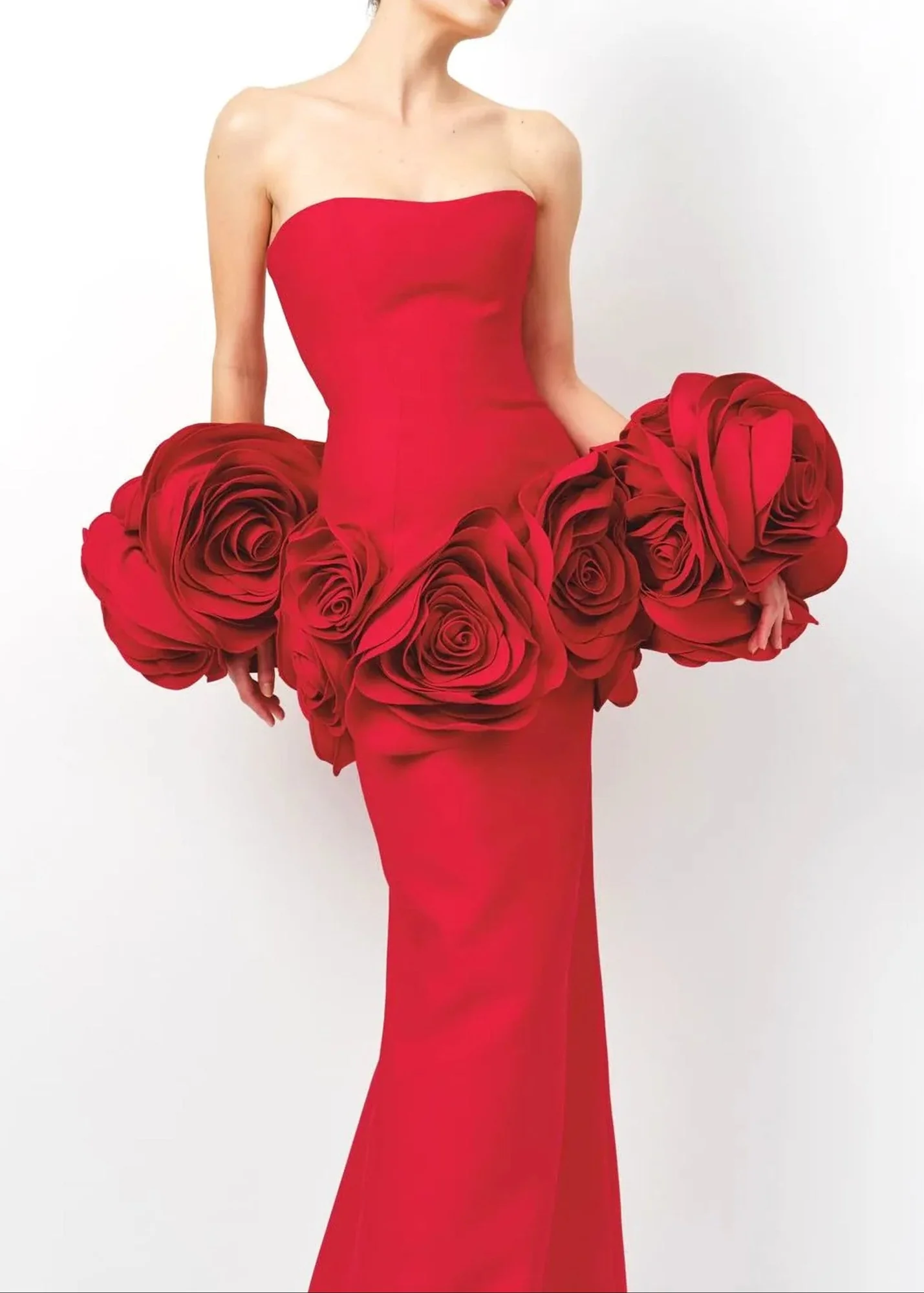 Red Strapless Floral Maxi Dress - Elegant Evening Gown