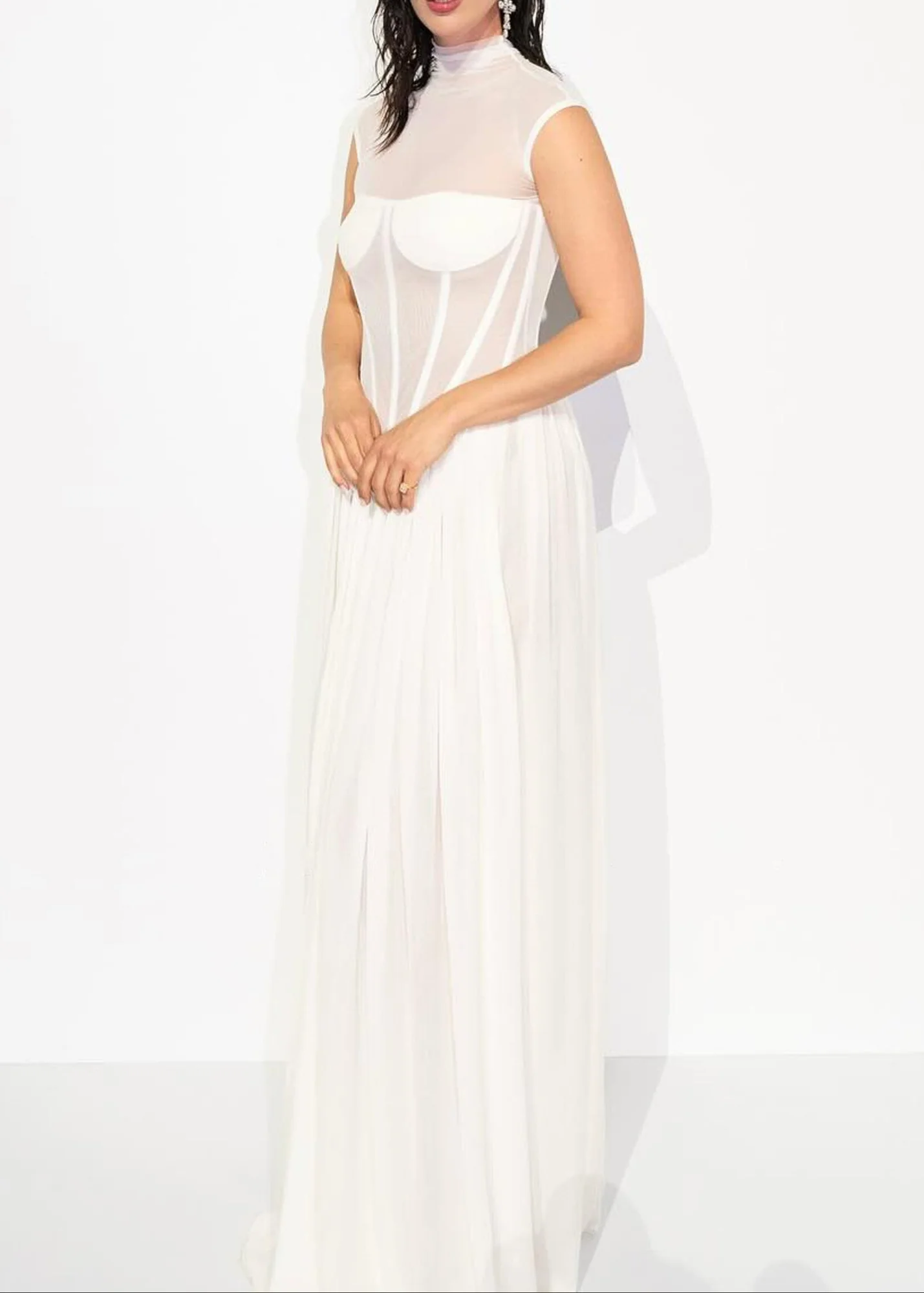 White Mesh A-Line Maxi Dress with Bustier Detail