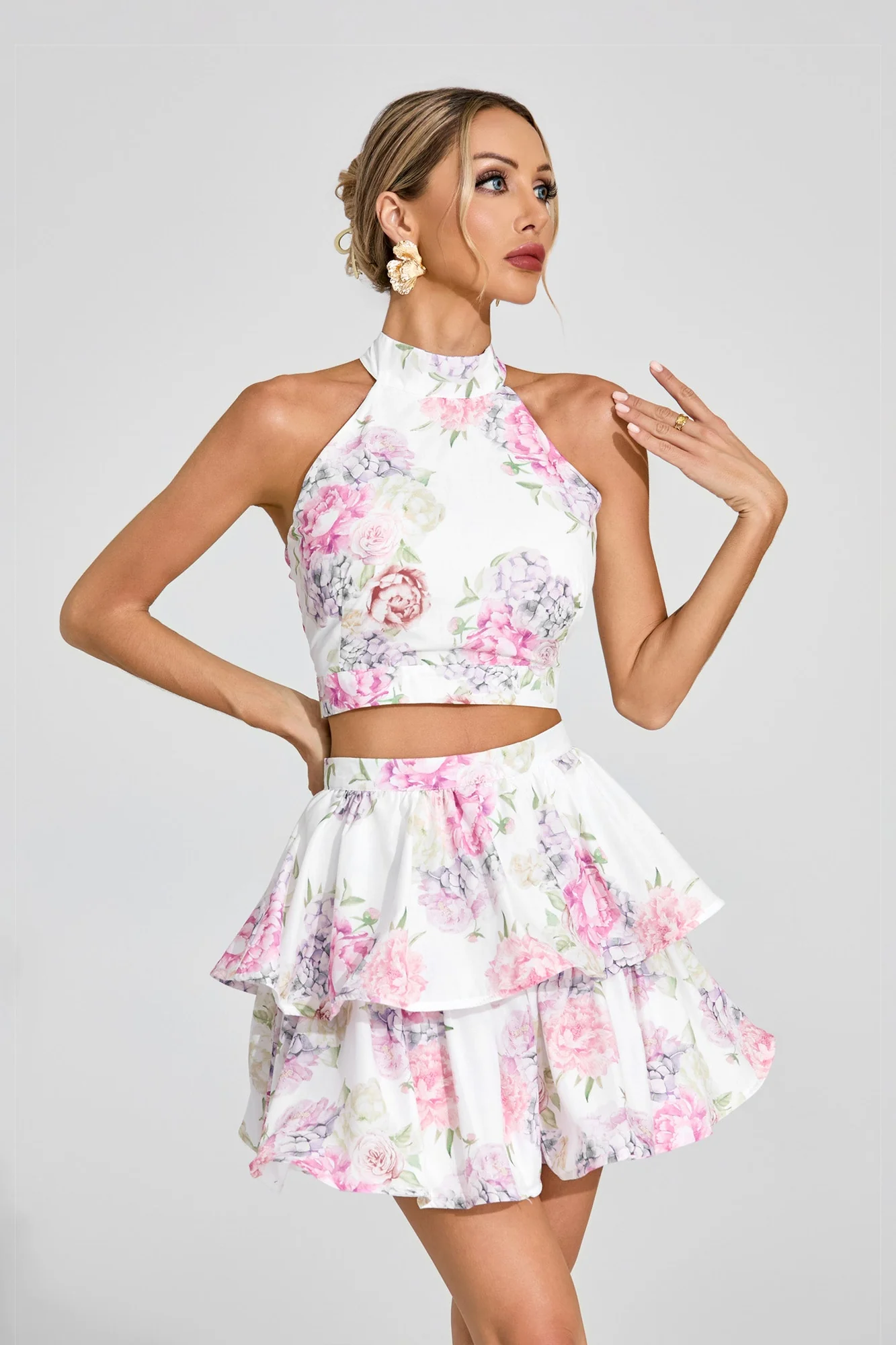 Floral Halter Crop Top and Ruffle Skirt Set for Women