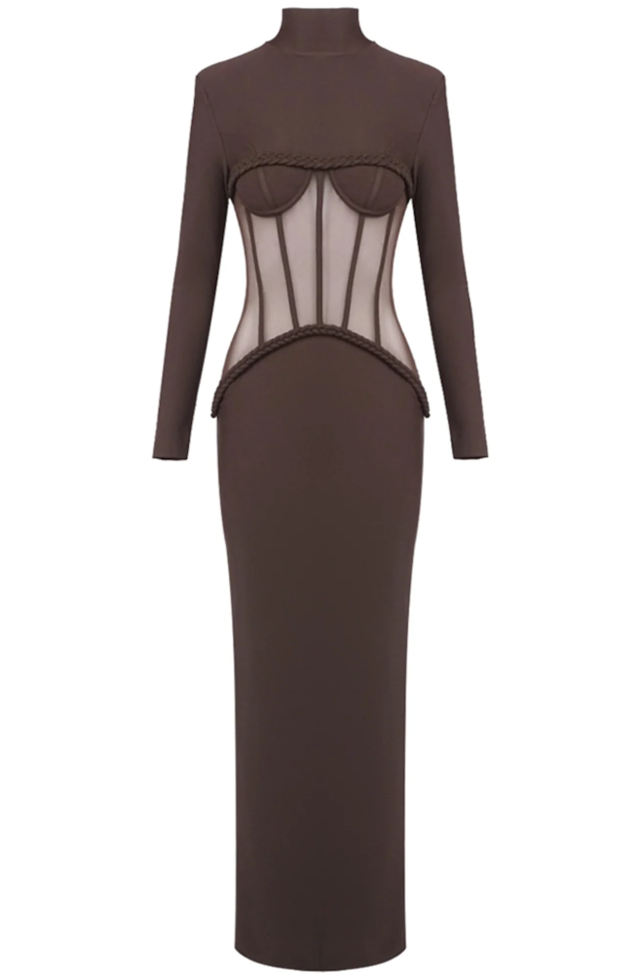 Brown Mesh Insert Maxi Dress with Bustier Detail