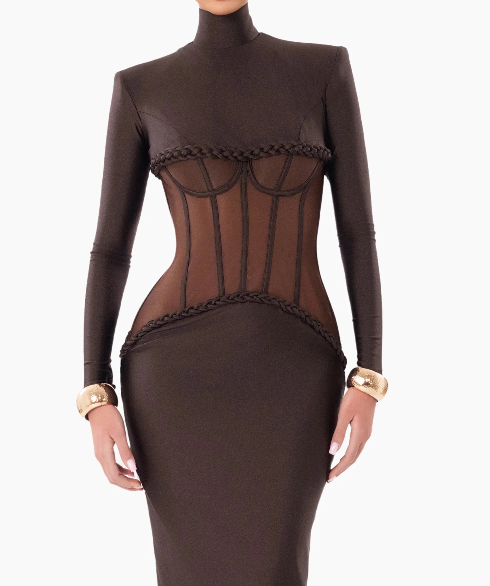 Brown Mesh Insert Maxi Dress with Bustier Detail