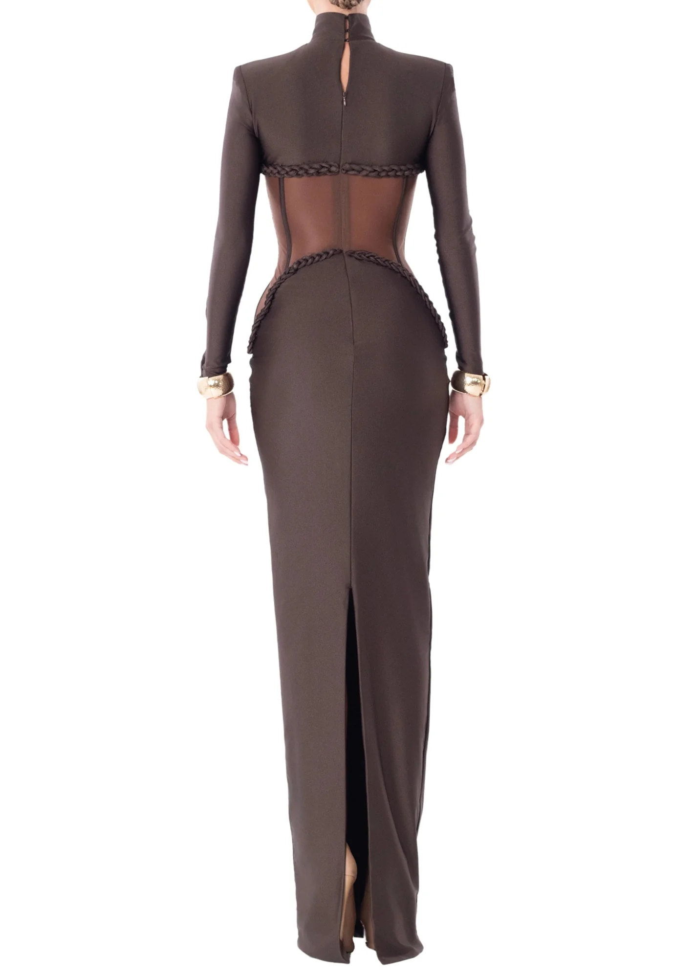 Brown Mesh Insert Maxi Dress with Bustier Detail
