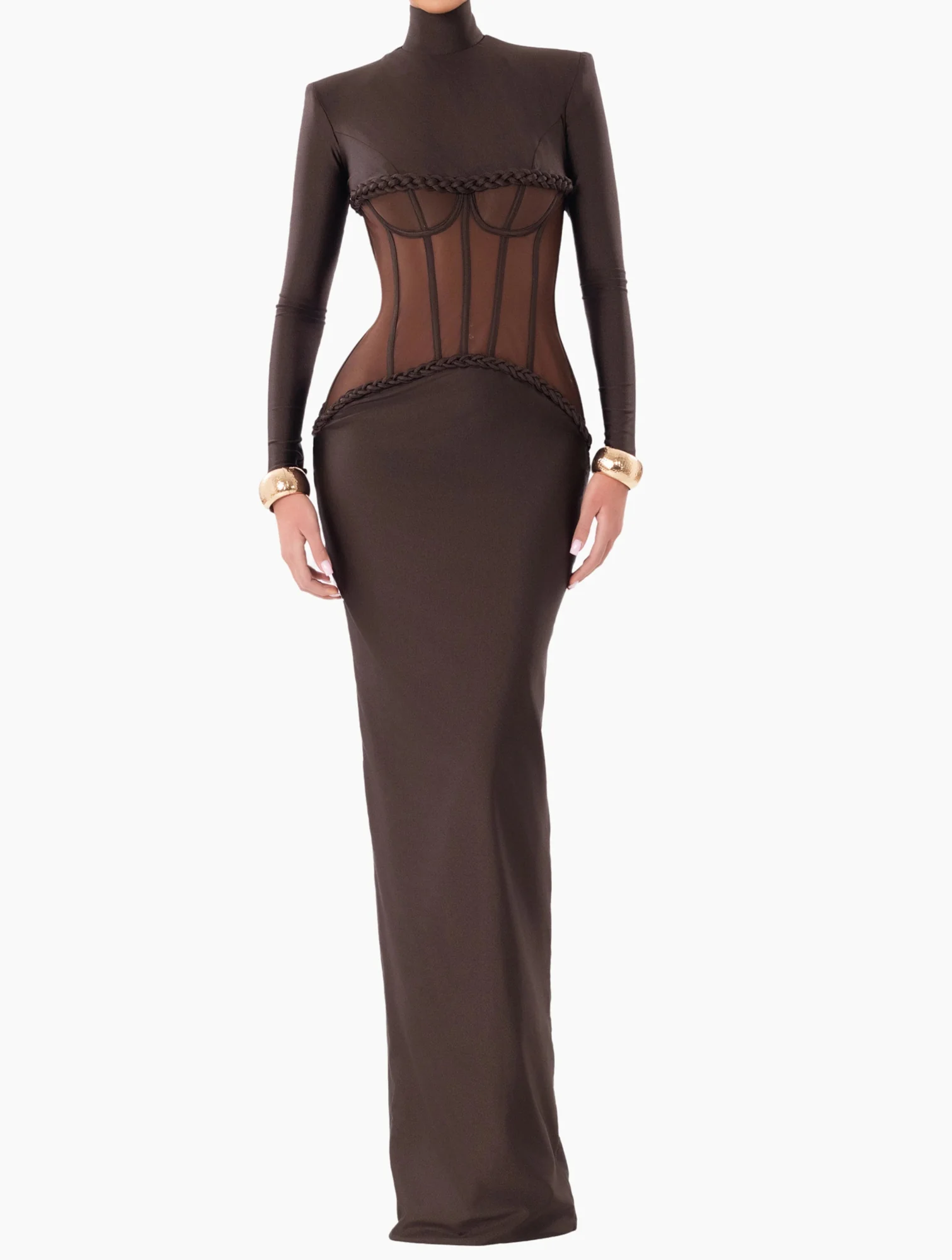 Brown Mesh Insert Maxi Dress with Bustier Detail