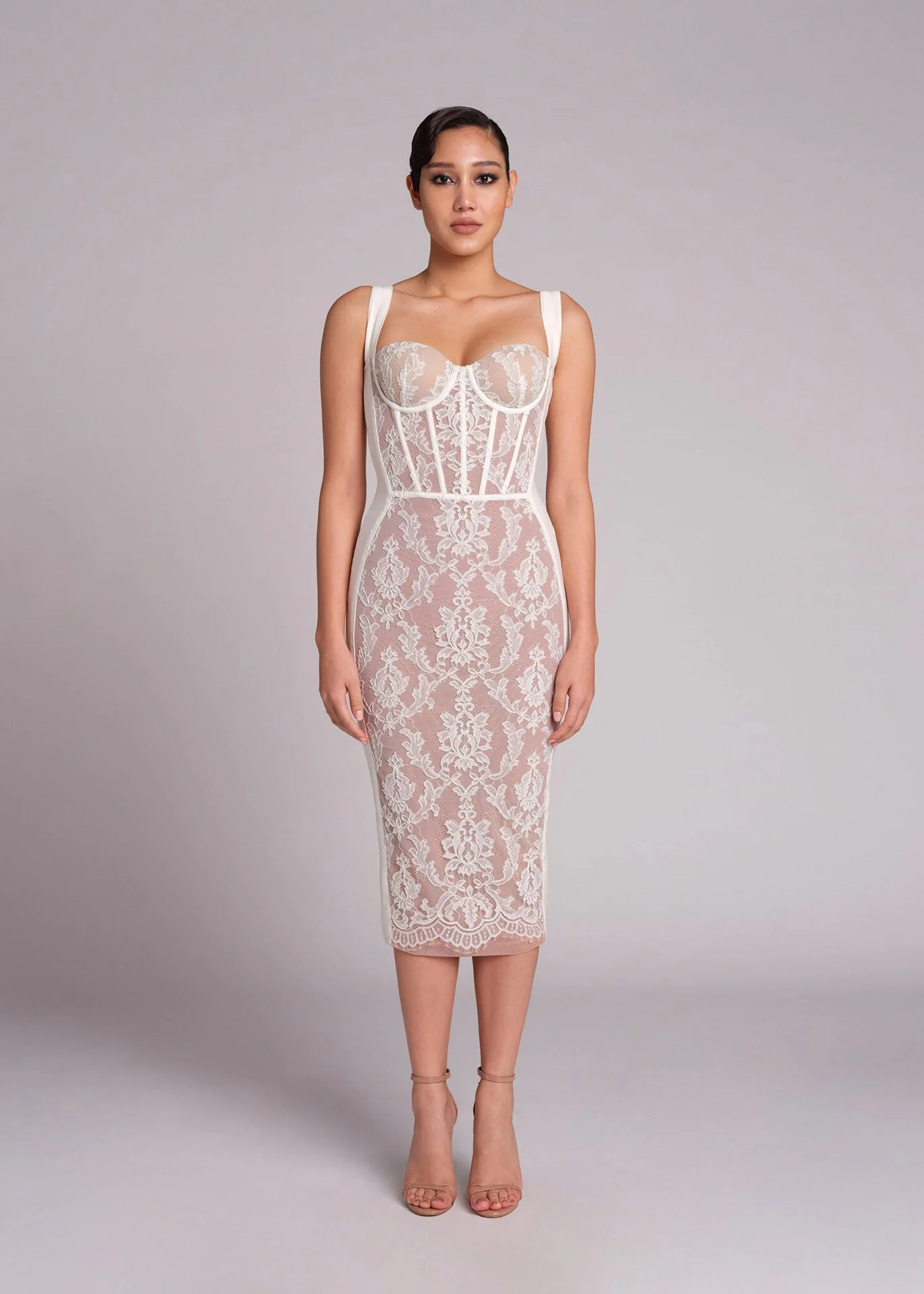 White Lace Strap Midi Dress - Elegant Bandage A-Line Design
