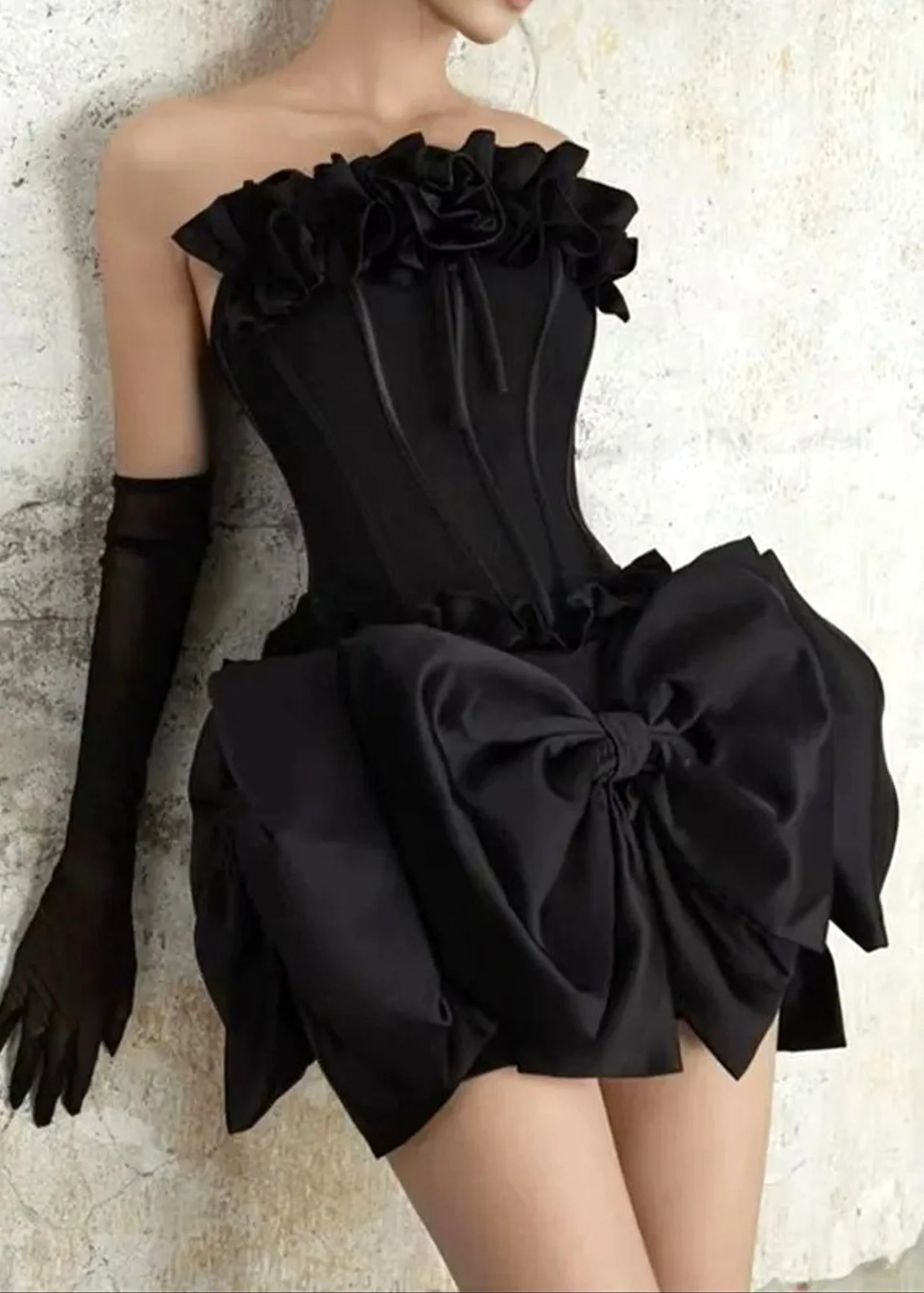 Black Floral Bow Corset Mini Dress with Strapless Design