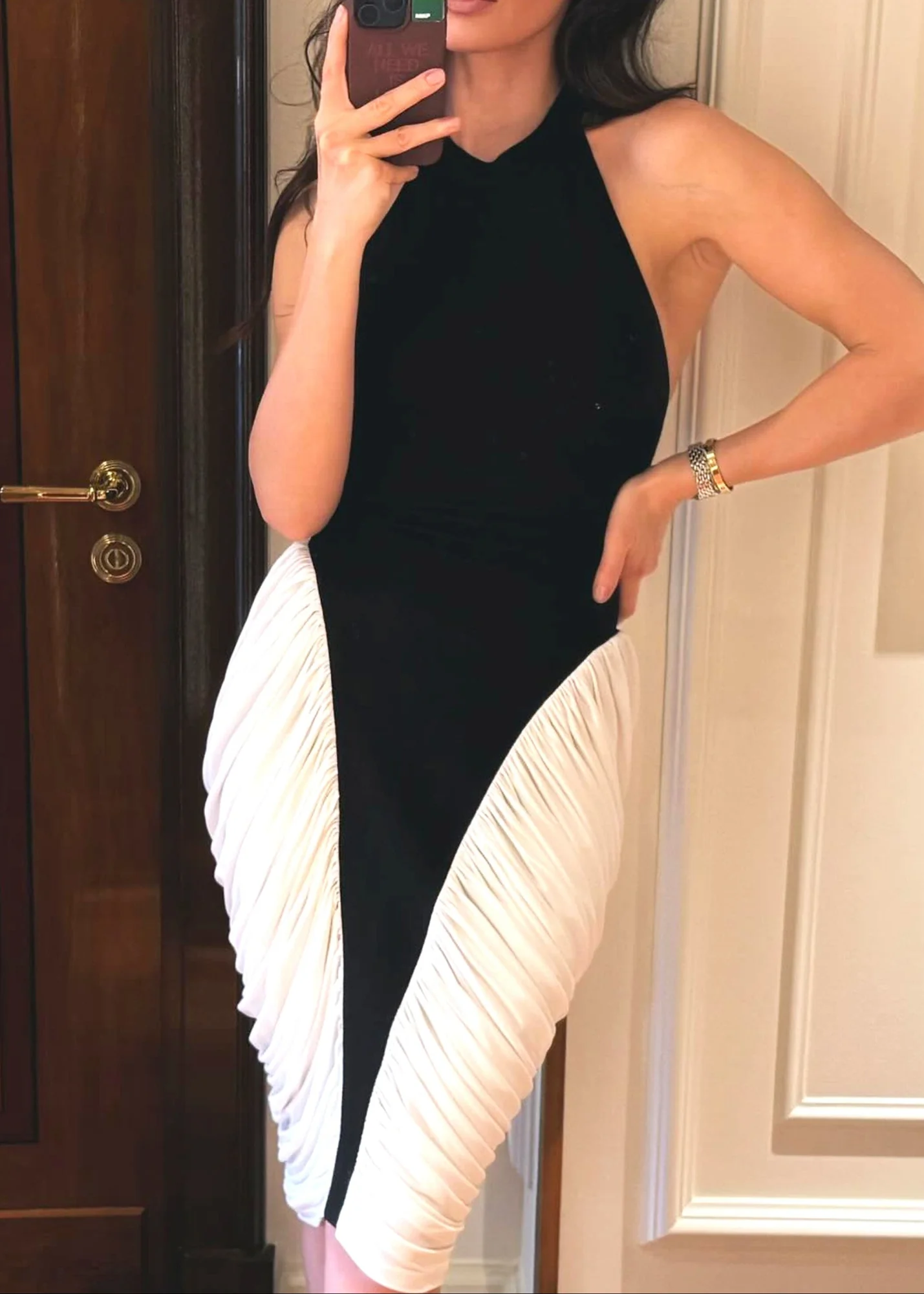 Black White Halter Draped Midi Dress