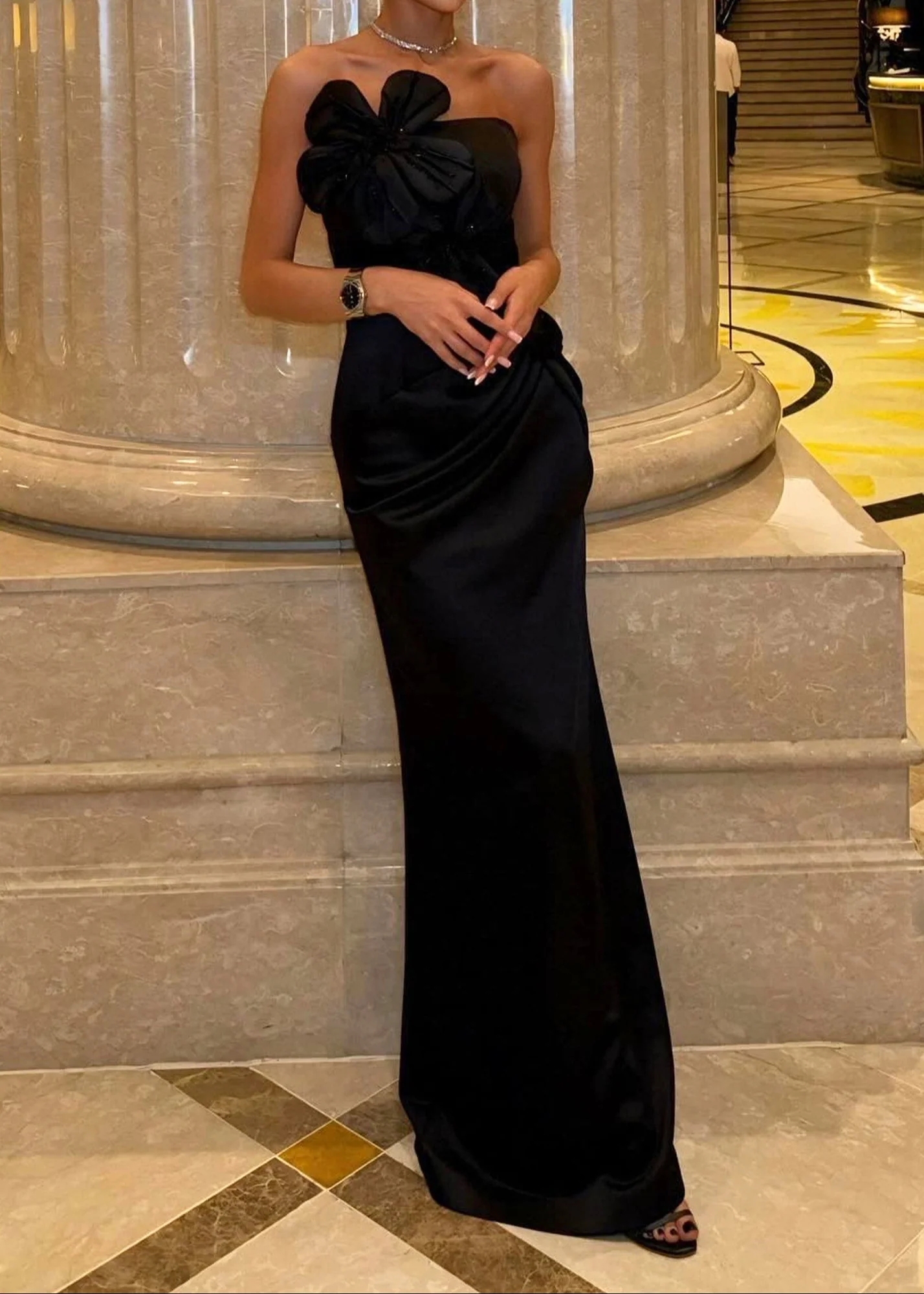 Black Velvet Maxi Dress with Floral Detail - Elegant Strapless Design