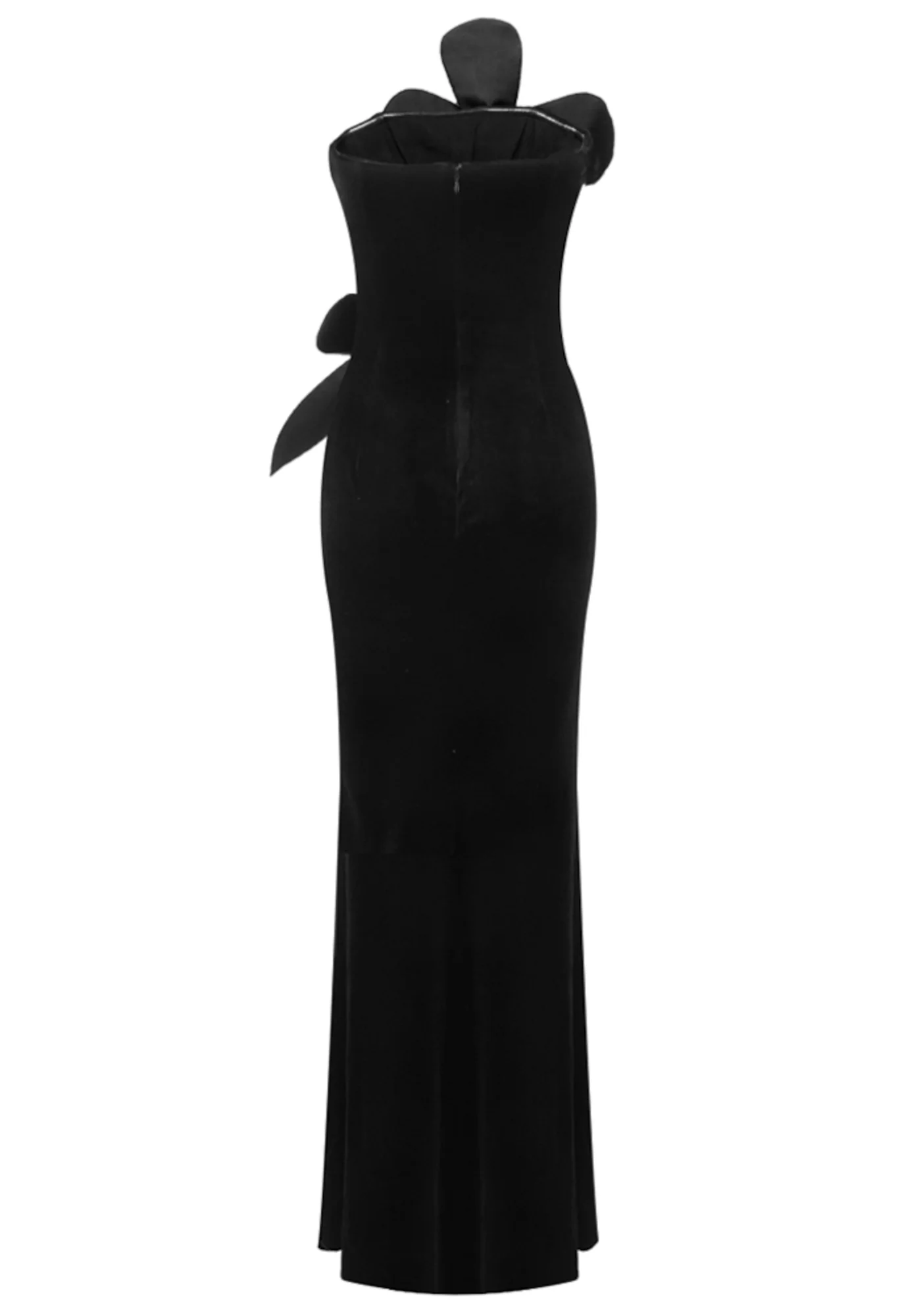 Black Velvet Maxi Dress with Floral Detail - Elegant Strapless Design