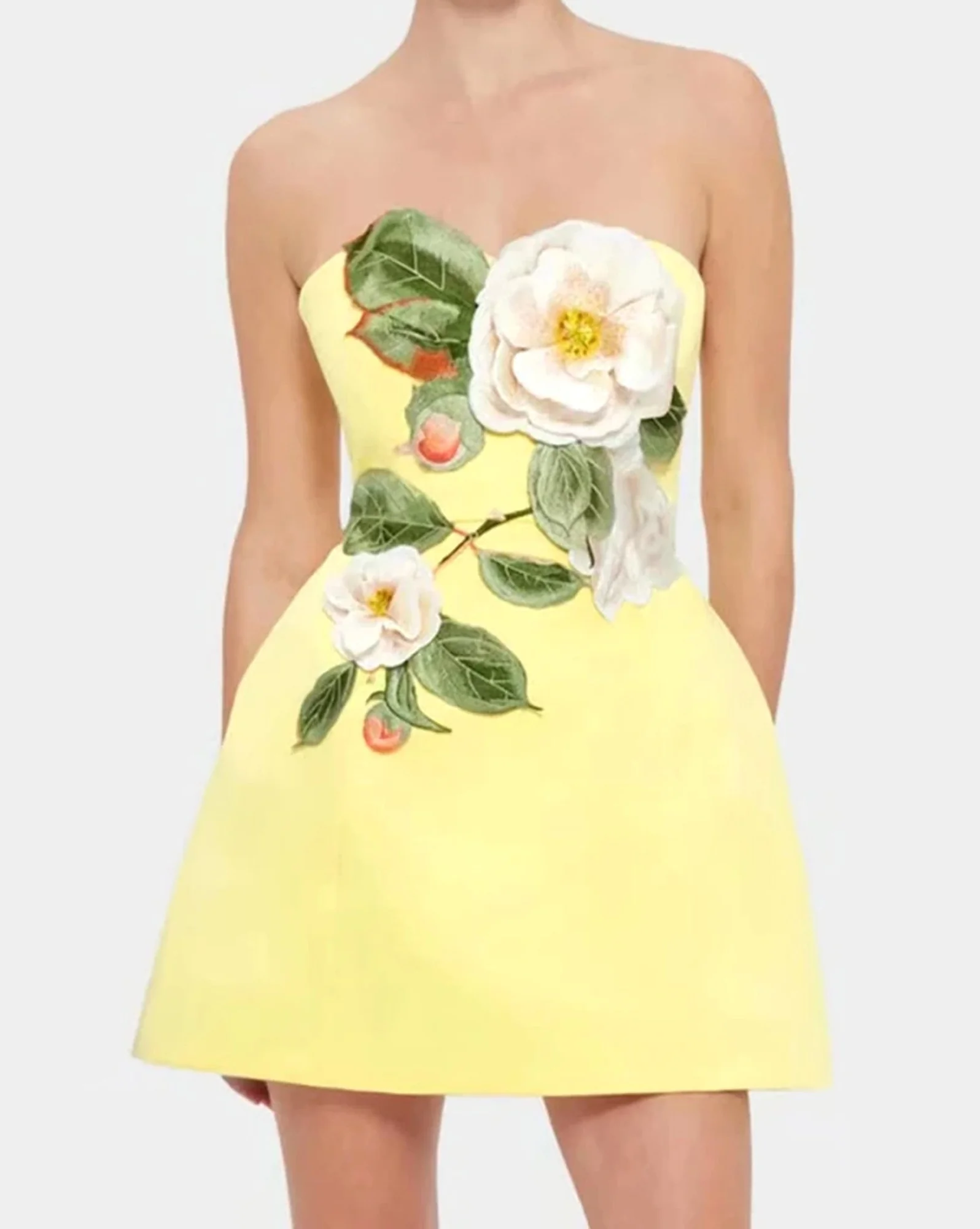 Yellow Floral Embroidered Strapless Mini Dress