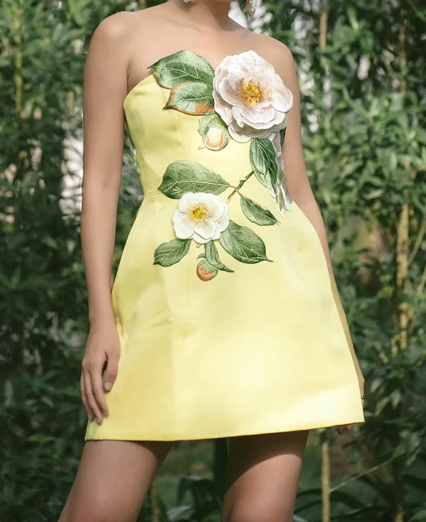Yellow Floral Embroidered Strapless Mini Dress